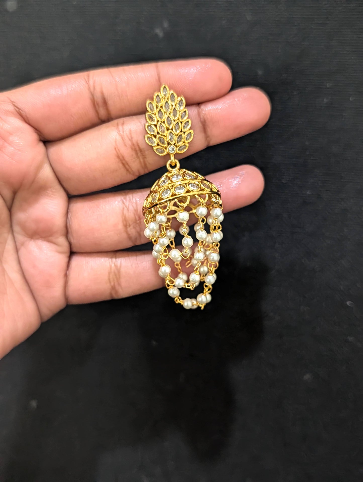 Gold plated CZ peal link chain Jhumka Earrings