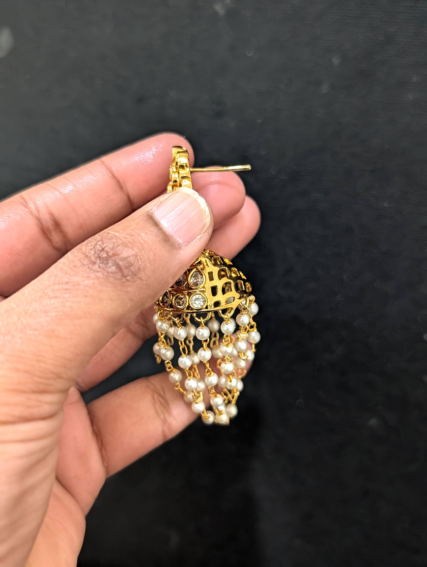 Gold plated CZ peal link chain Jhumka Earrings