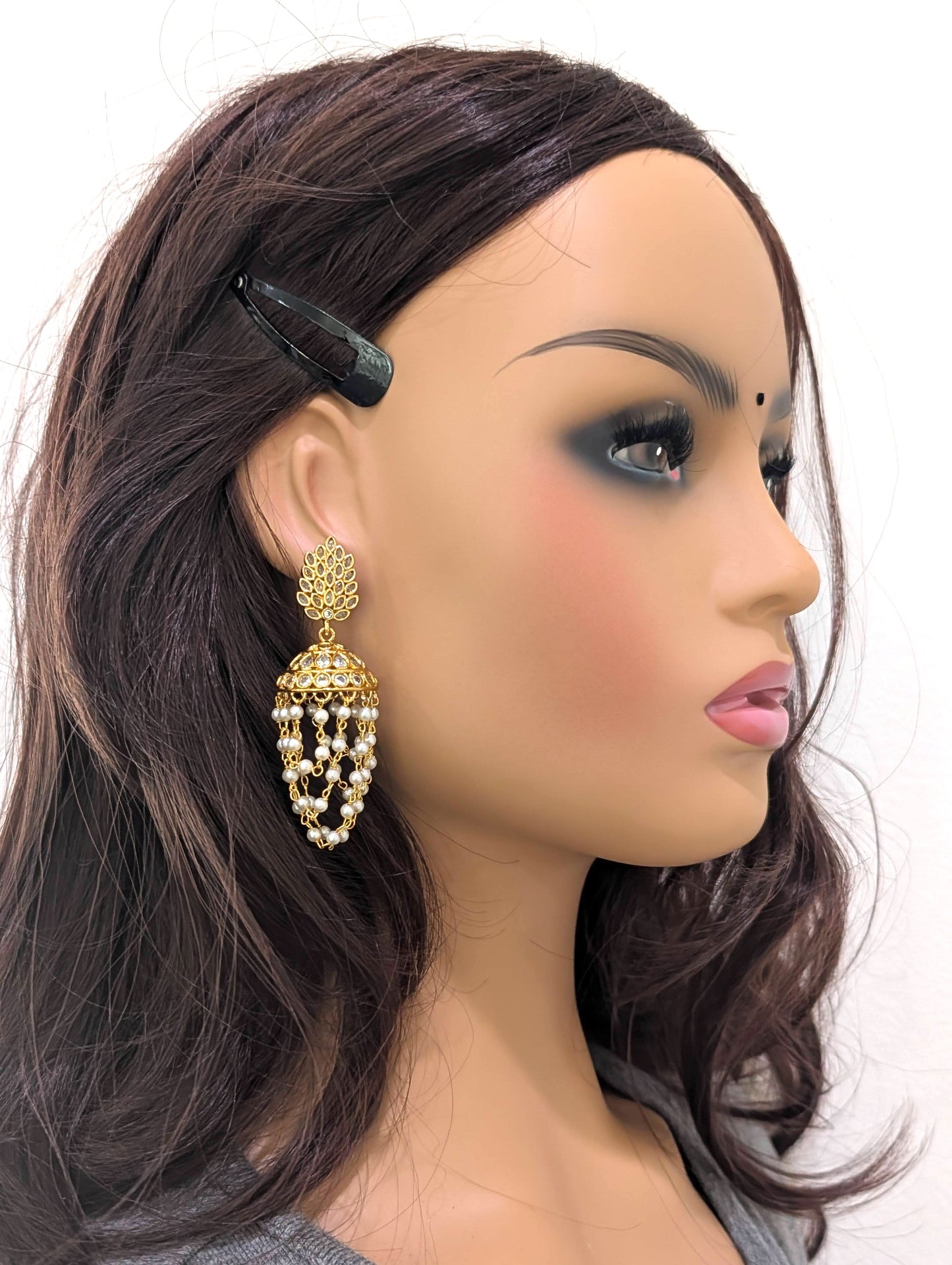 Gold plated CZ peal link chain Jhumka Earrings