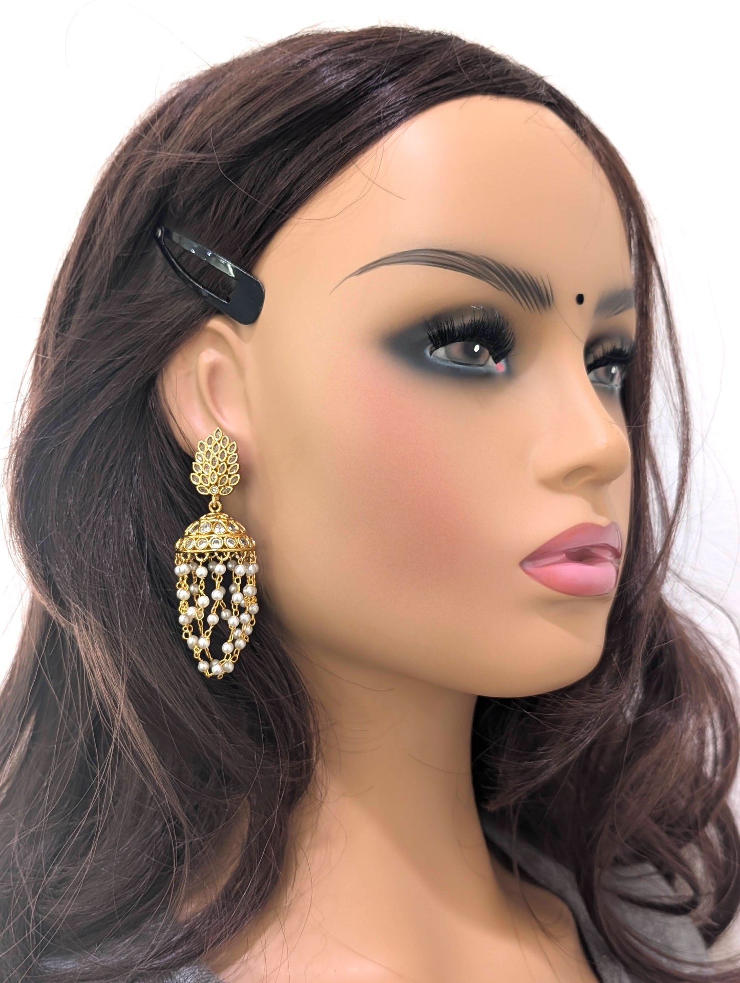 Gold plated CZ peal link chain Jhumka Earrings
