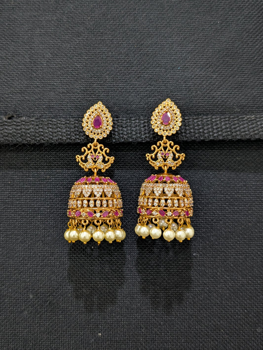 Antique Gold plated CZ Large Peacock Jhumka Earrings