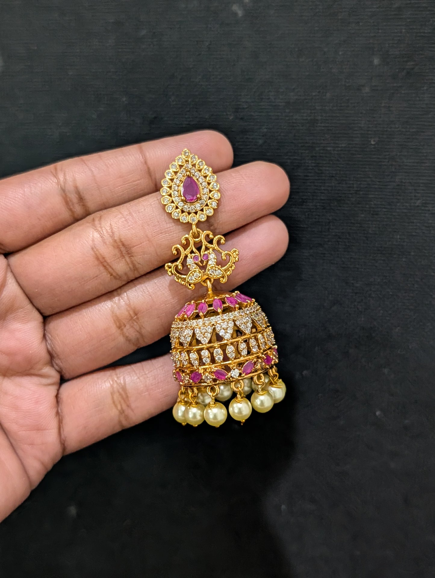 Antique Gold plated CZ Large Peacock Jhumka Earrings