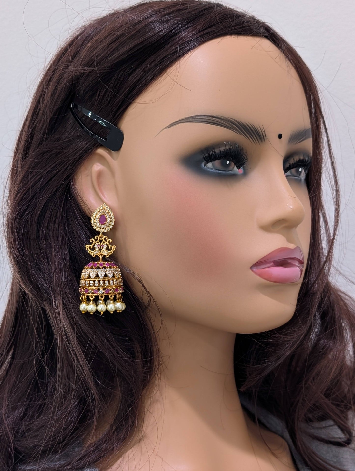 Antique Gold plated CZ Large Peacock Jhumka Earrings