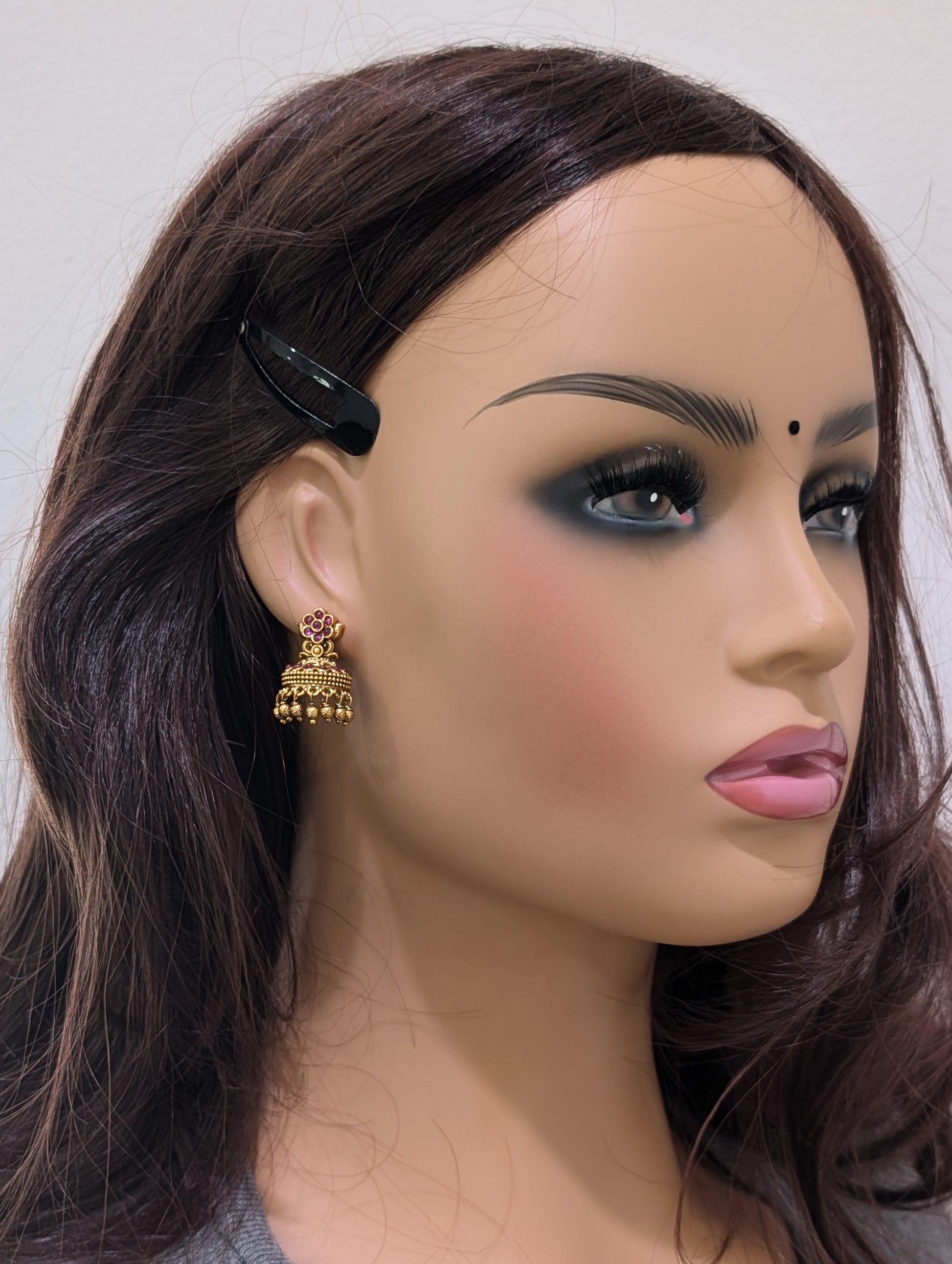 Antique dark Gold plated Kemp cut Jhumka Earrings - Simpliful