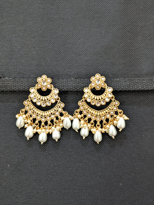 Light Gold plated Pearl Kundan Chandbali Earrings - Simpliful