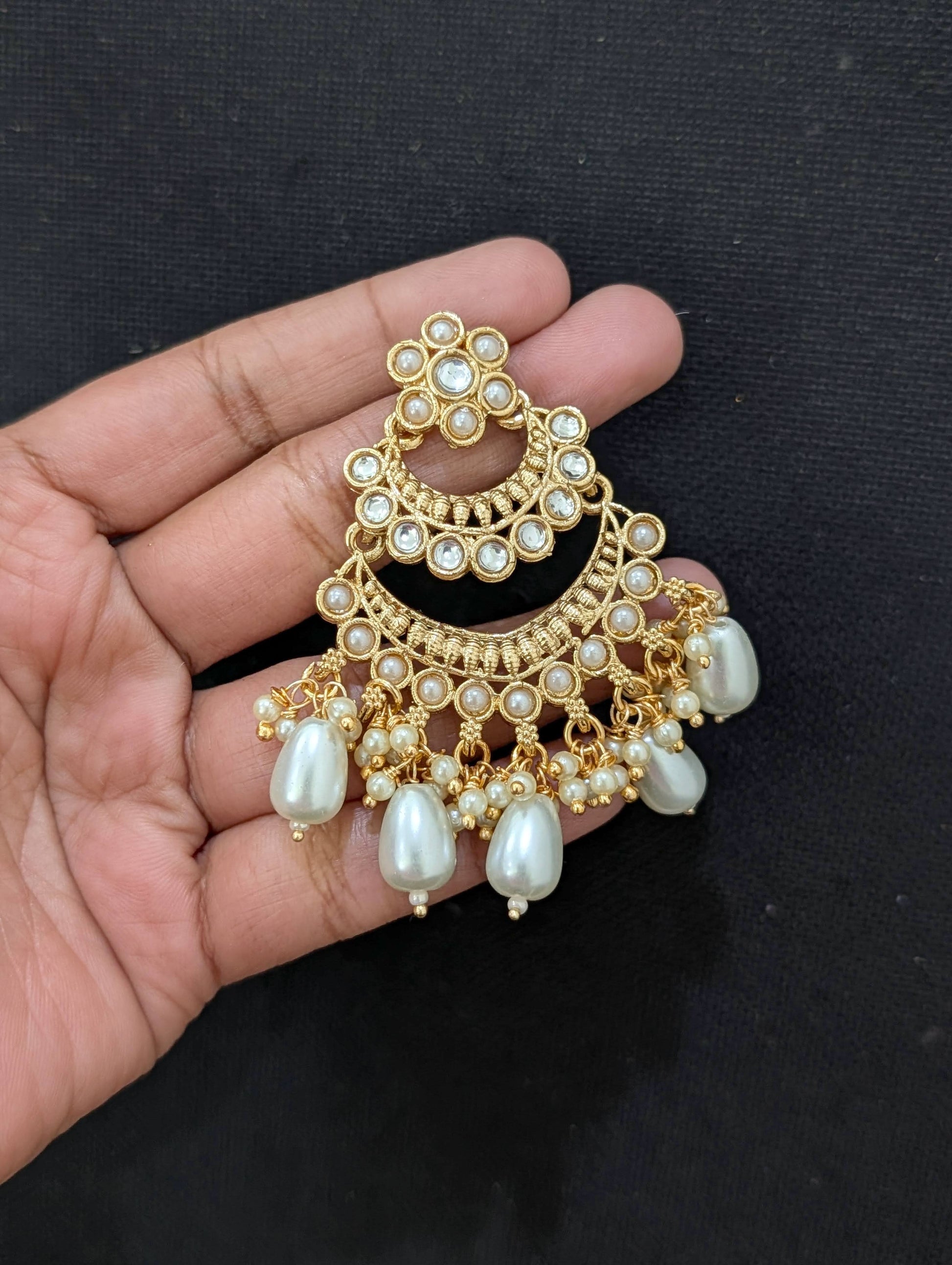 Light Gold plated Pearl Kundan Chandbali Earrings - Simpliful