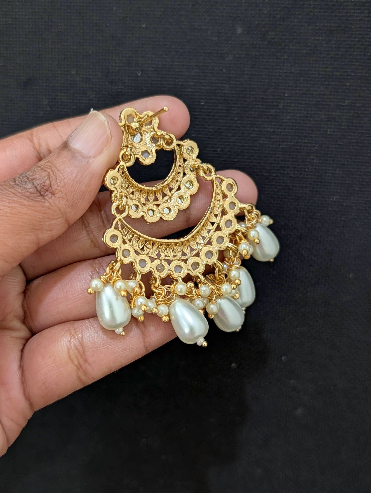 Light Gold plated Pearl Kundan Chandbali Earrings - Simpliful