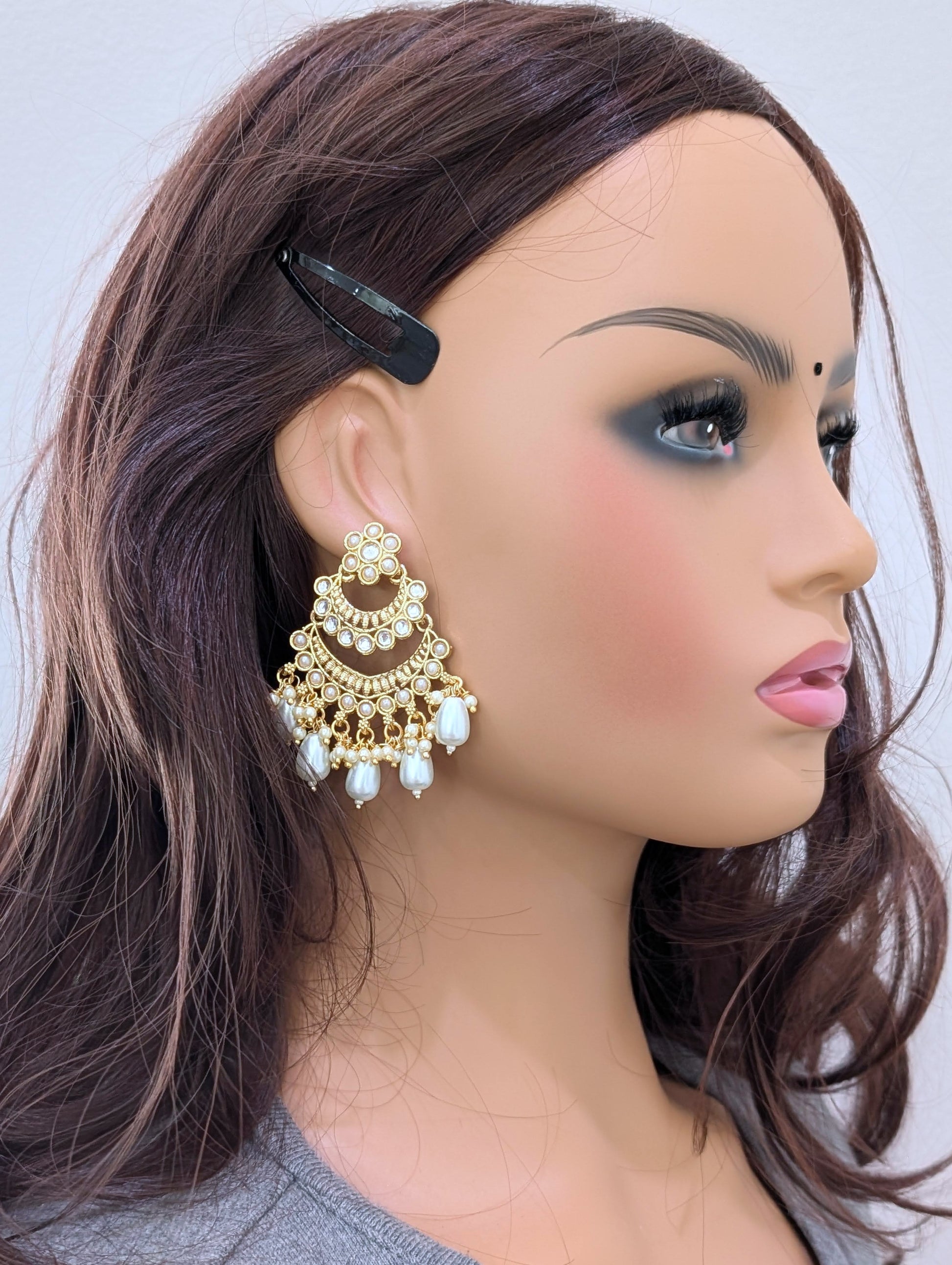Light Gold plated Pearl Kundan Chandbali Earrings - Simpliful