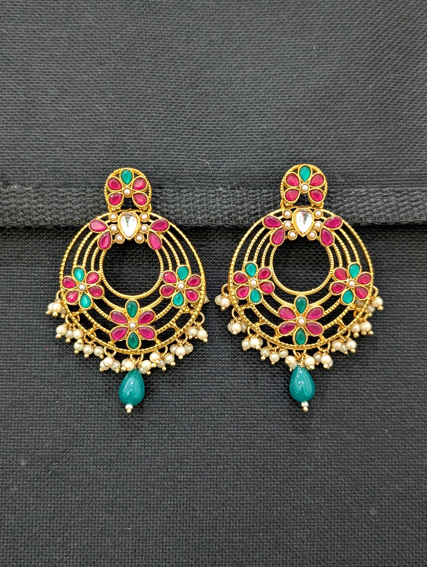 Pink Green Glass Kundan Chandbali Earrings - Simpliful