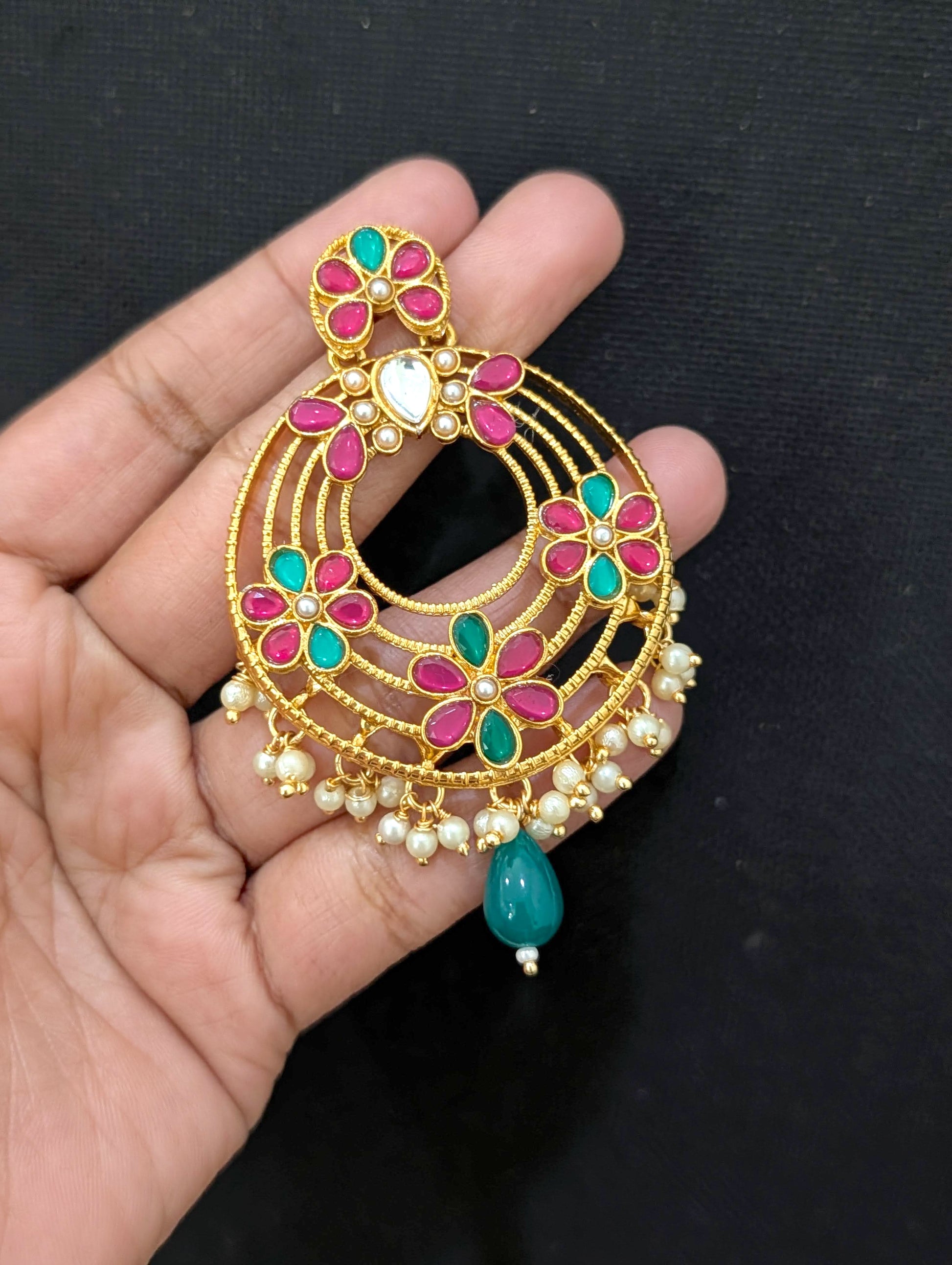 Pink Green Glass Kundan Chandbali Earrings - Simpliful