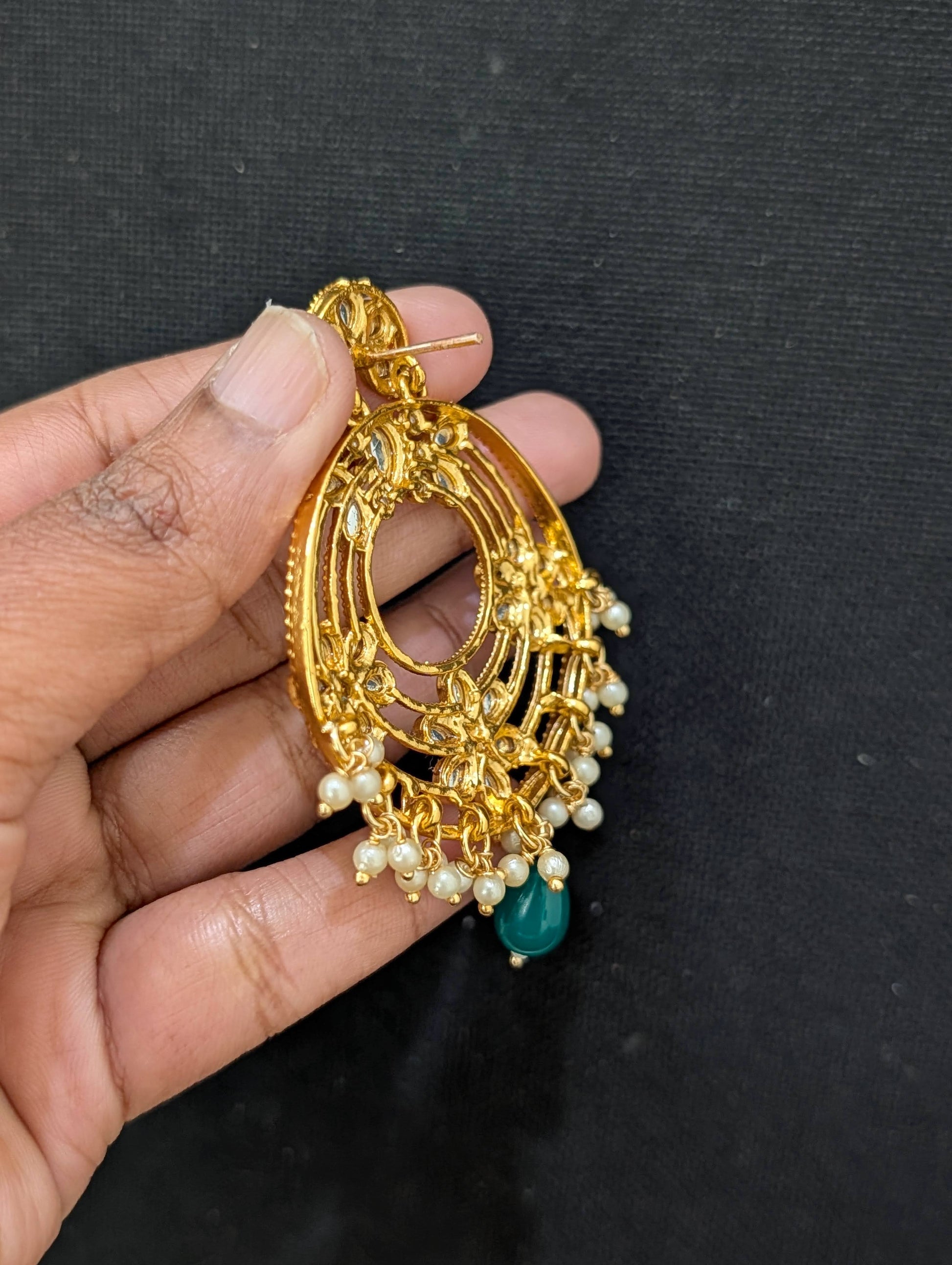 Pink Green Glass Kundan Chandbali Earrings - Simpliful