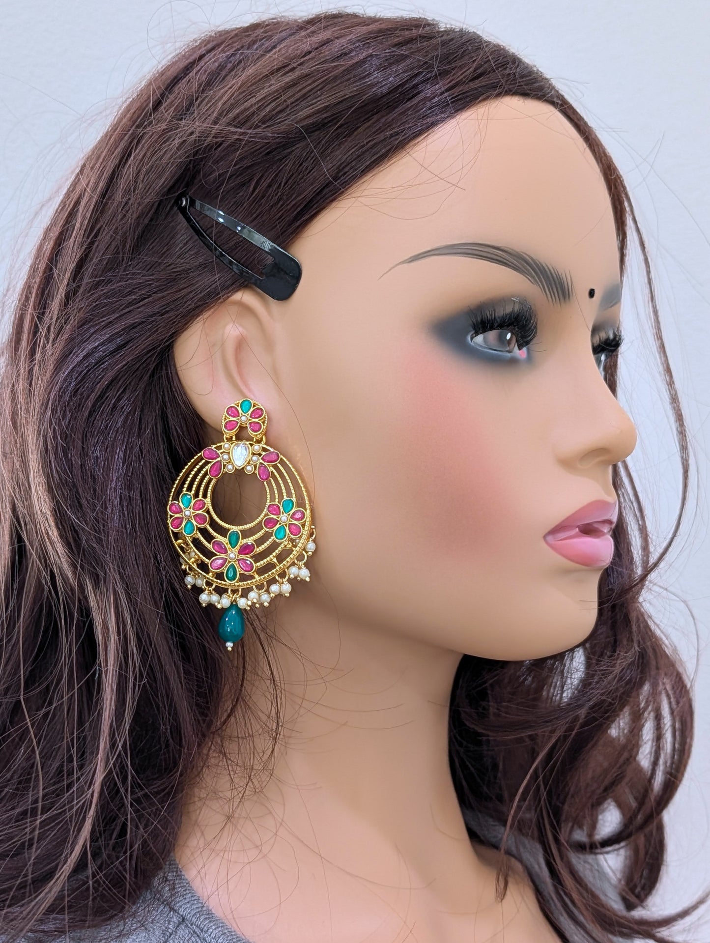 Pink Green Glass Kundan Chandbali Earrings - Simpliful