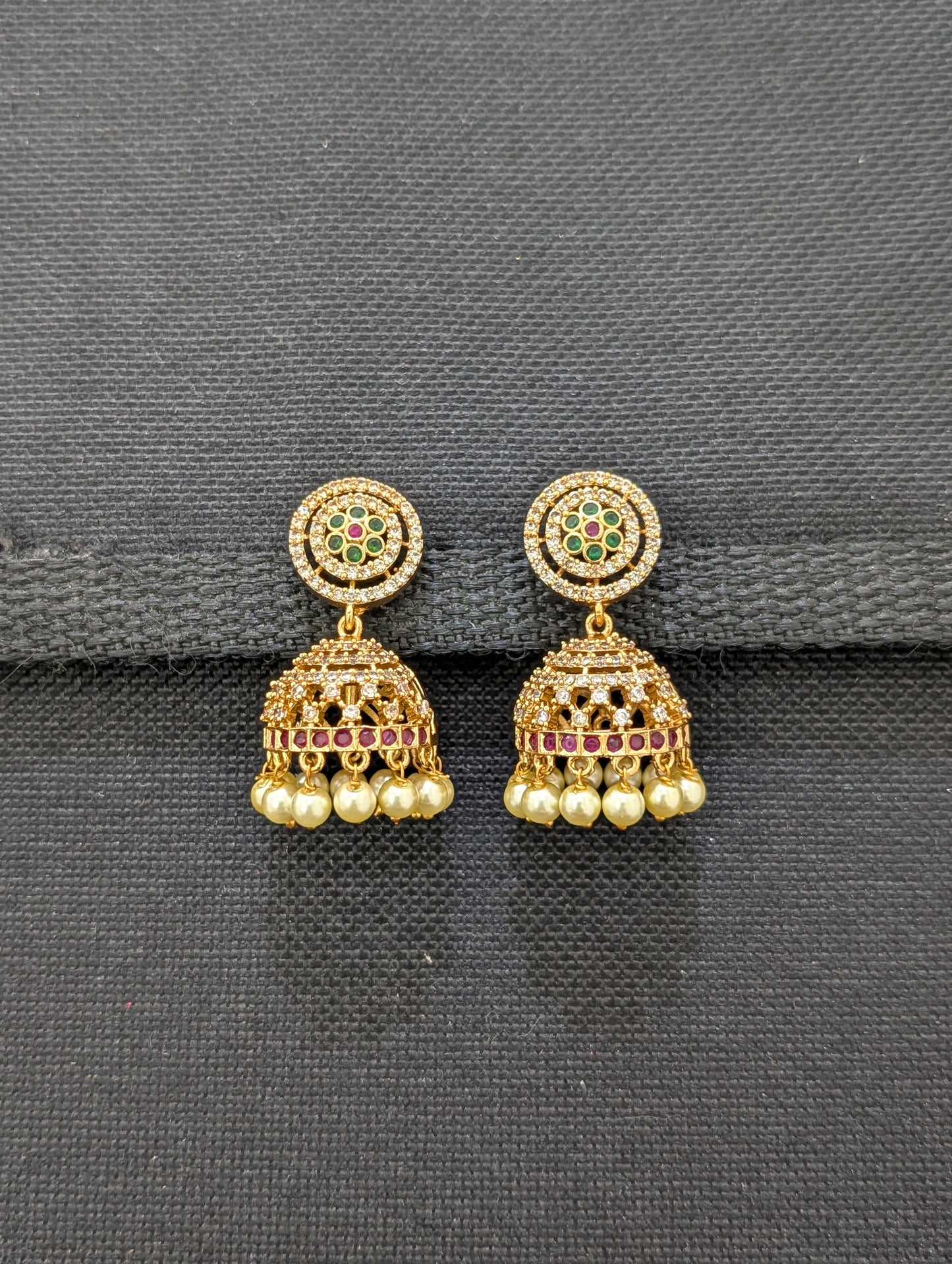 Antique Gold plated CZ Flower Jhumka Earrings - Simpliful