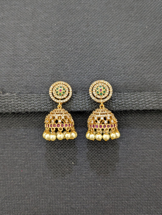 Antique Gold plated CZ Flower Jhumka Earrings - Simpliful