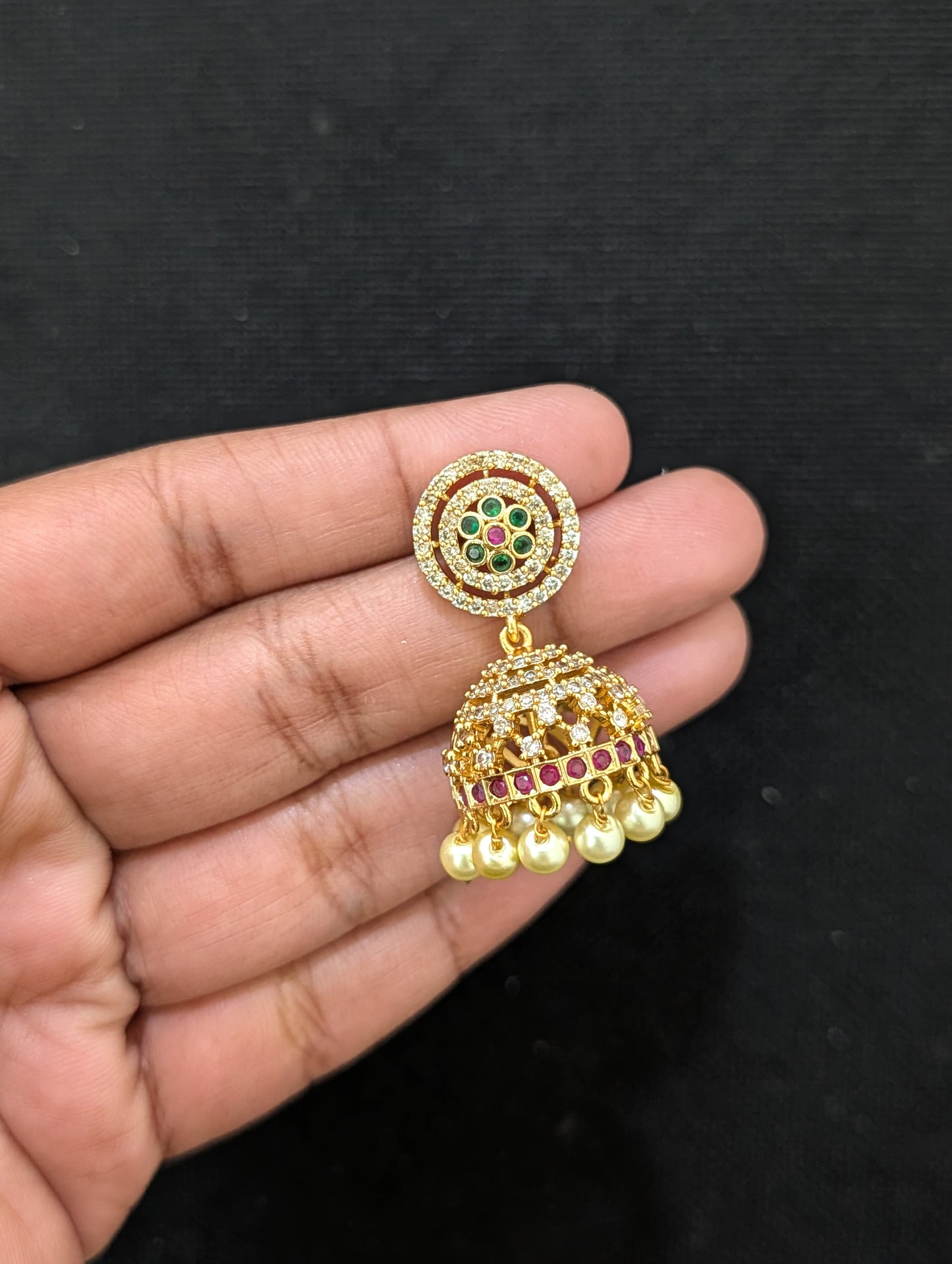 Antique Gold plated CZ Flower Jhumka Earrings - Simpliful