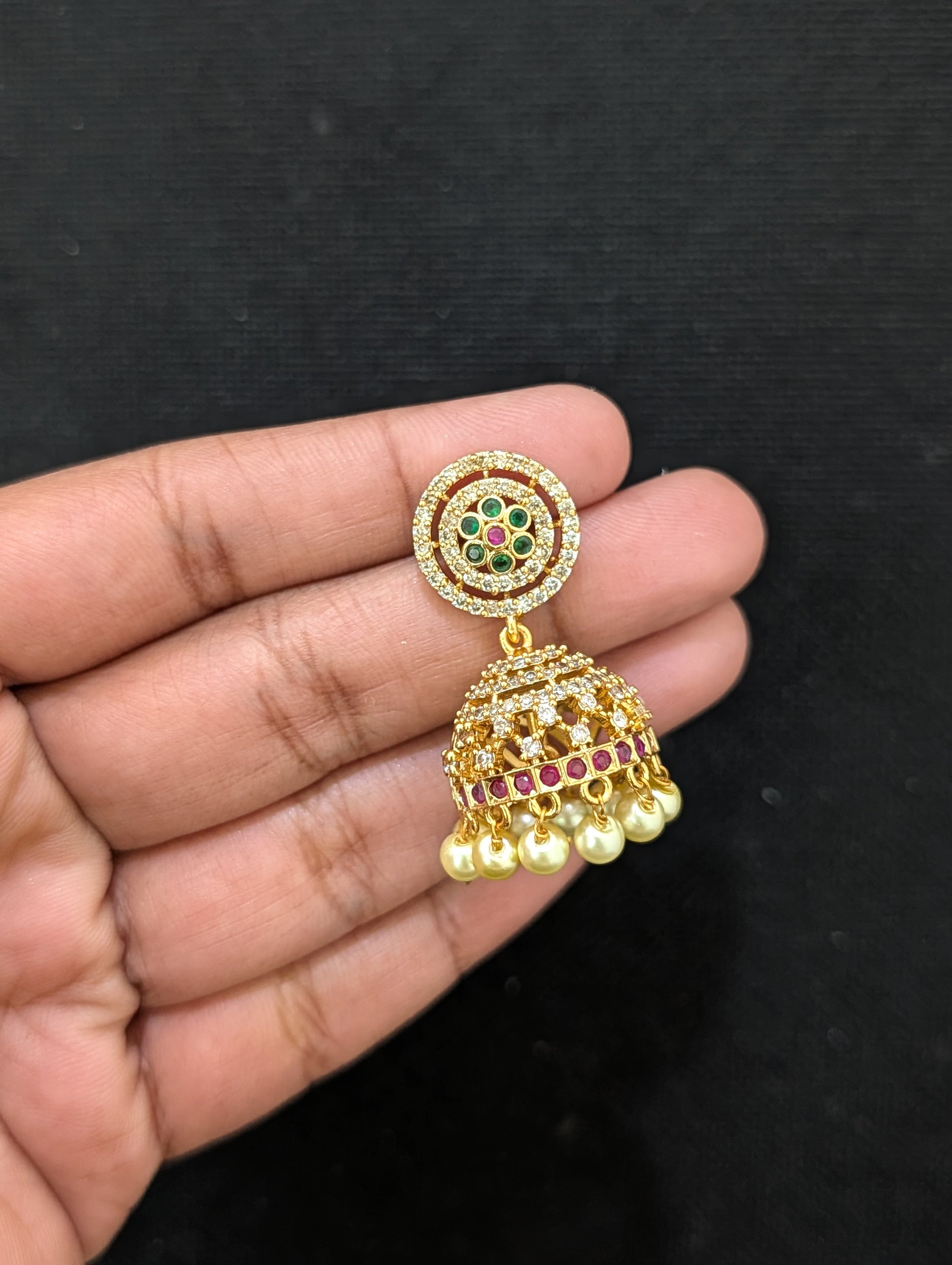 Antique Gold plated CZ Flower Jhumka Earrings - Simpliful