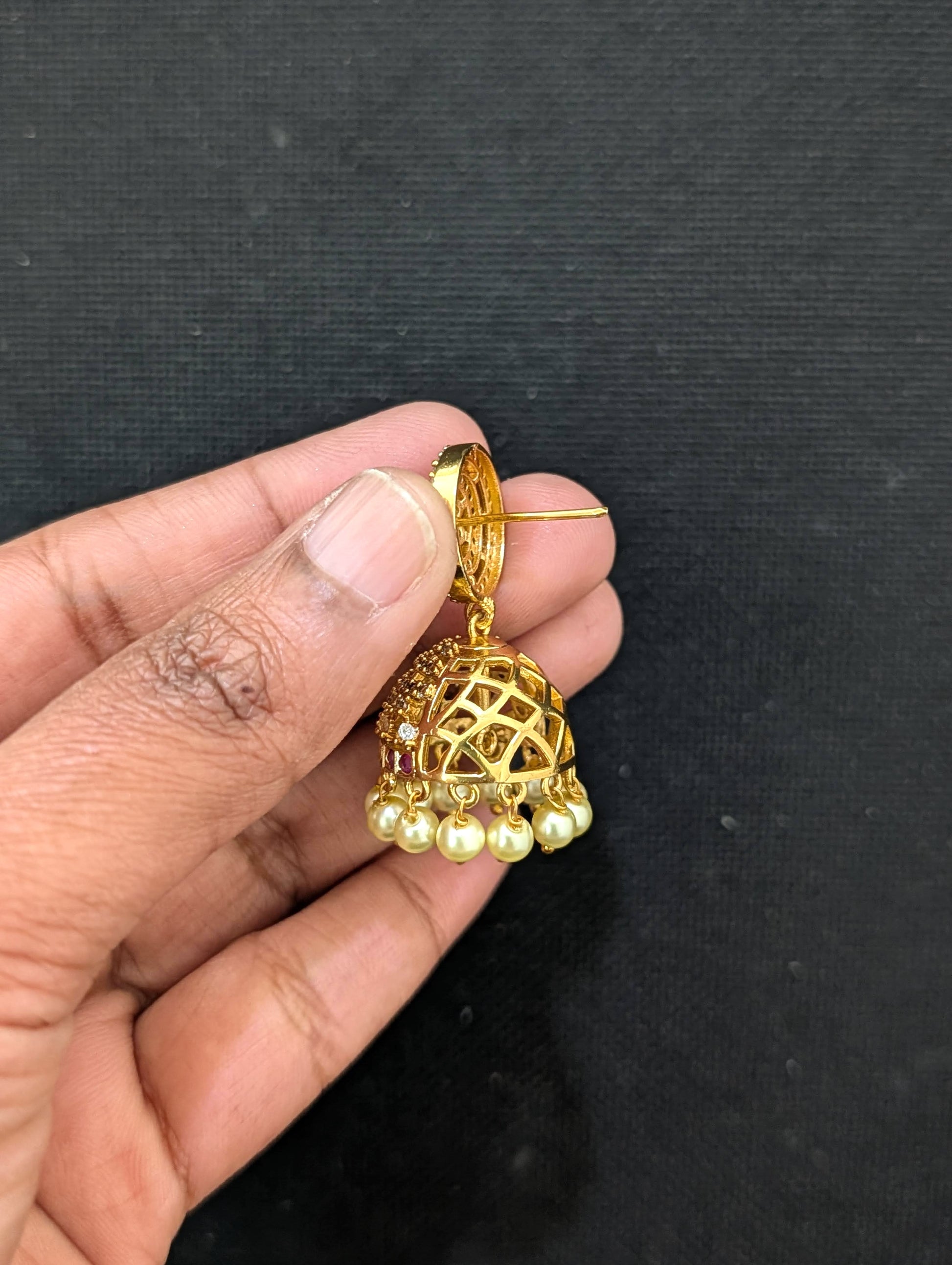 Antique Gold plated CZ Flower Jhumka Earrings - Simpliful