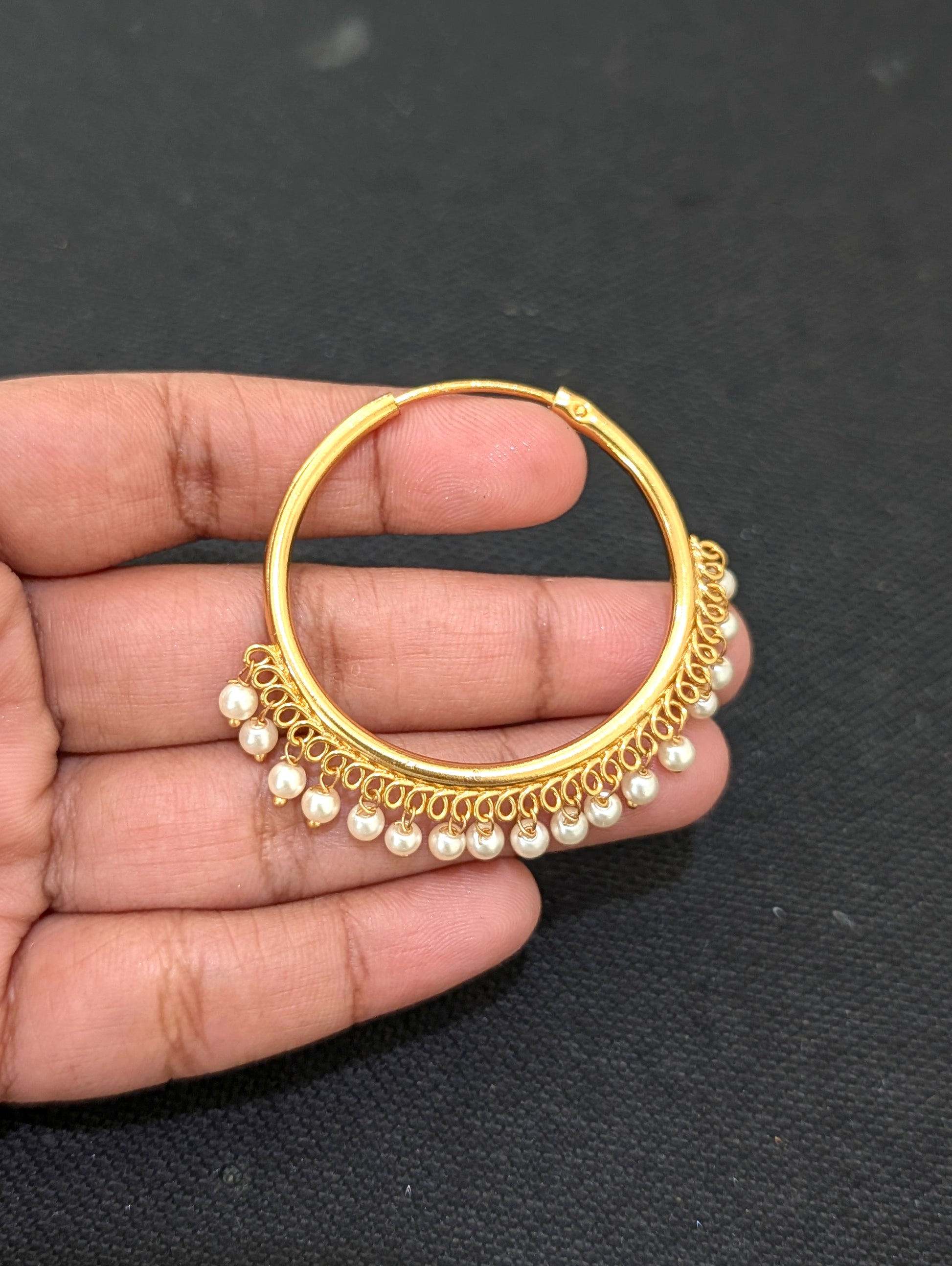 Pearl bead dangle Large hoop earrings - Simpliful