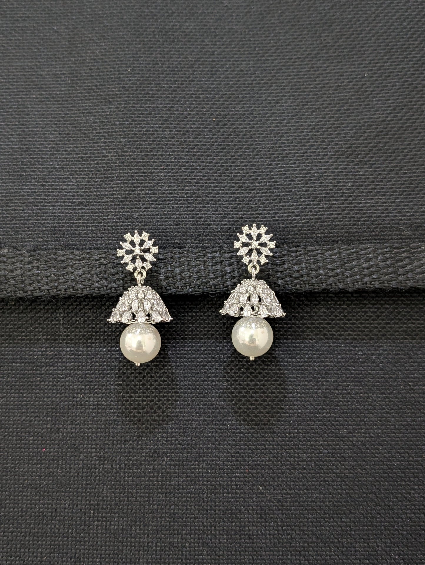 Flower CZ Jhumka Earrings - White gold plated