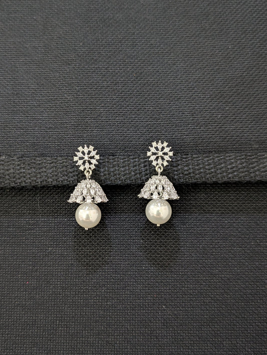 Flower CZ Jhumka Earrings - White gold plated - Simpliful