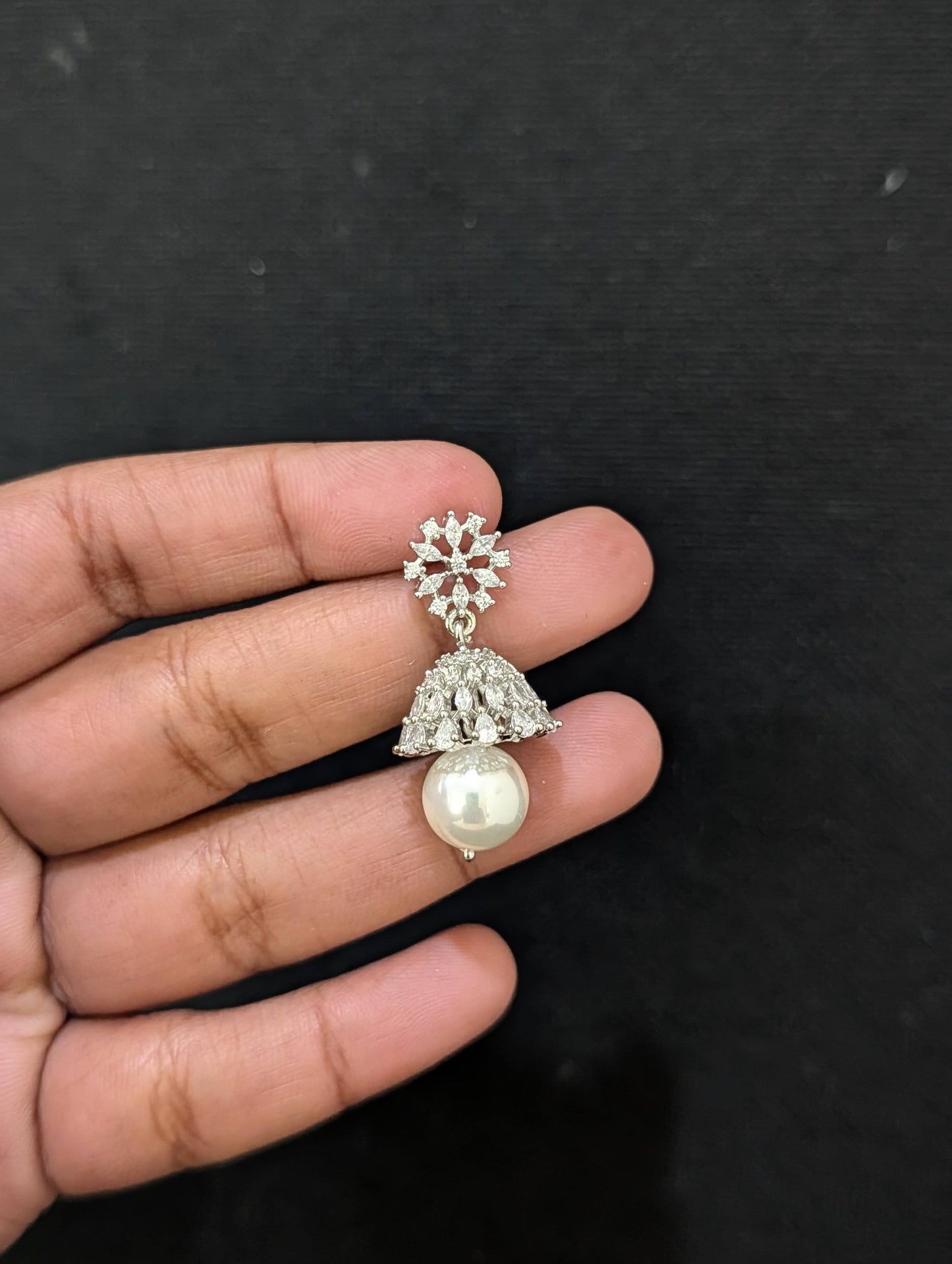 Flower CZ Jhumka Earrings - White gold plated