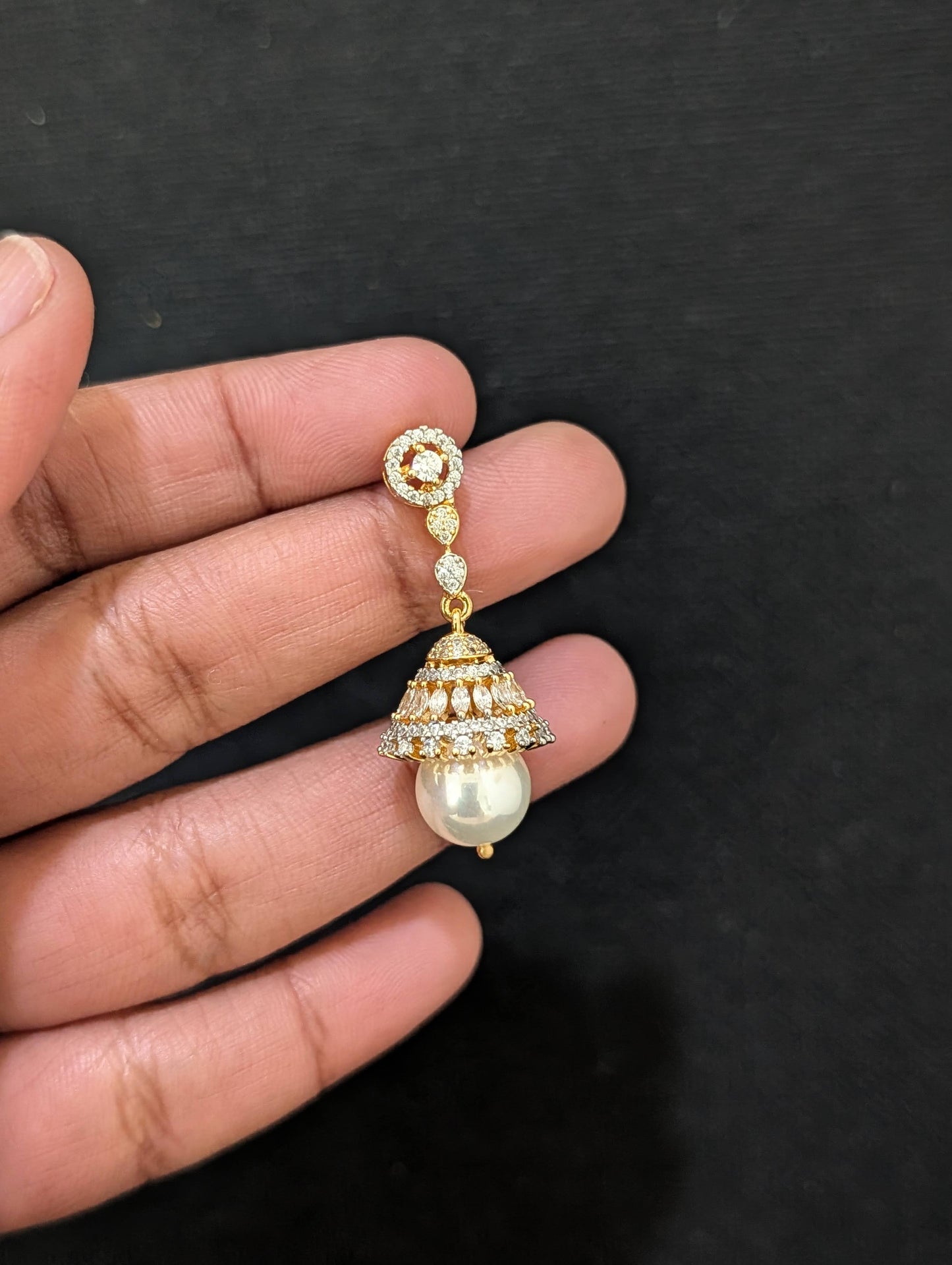 Round CZ dangle Jhumka Earrings - One gram gold plated