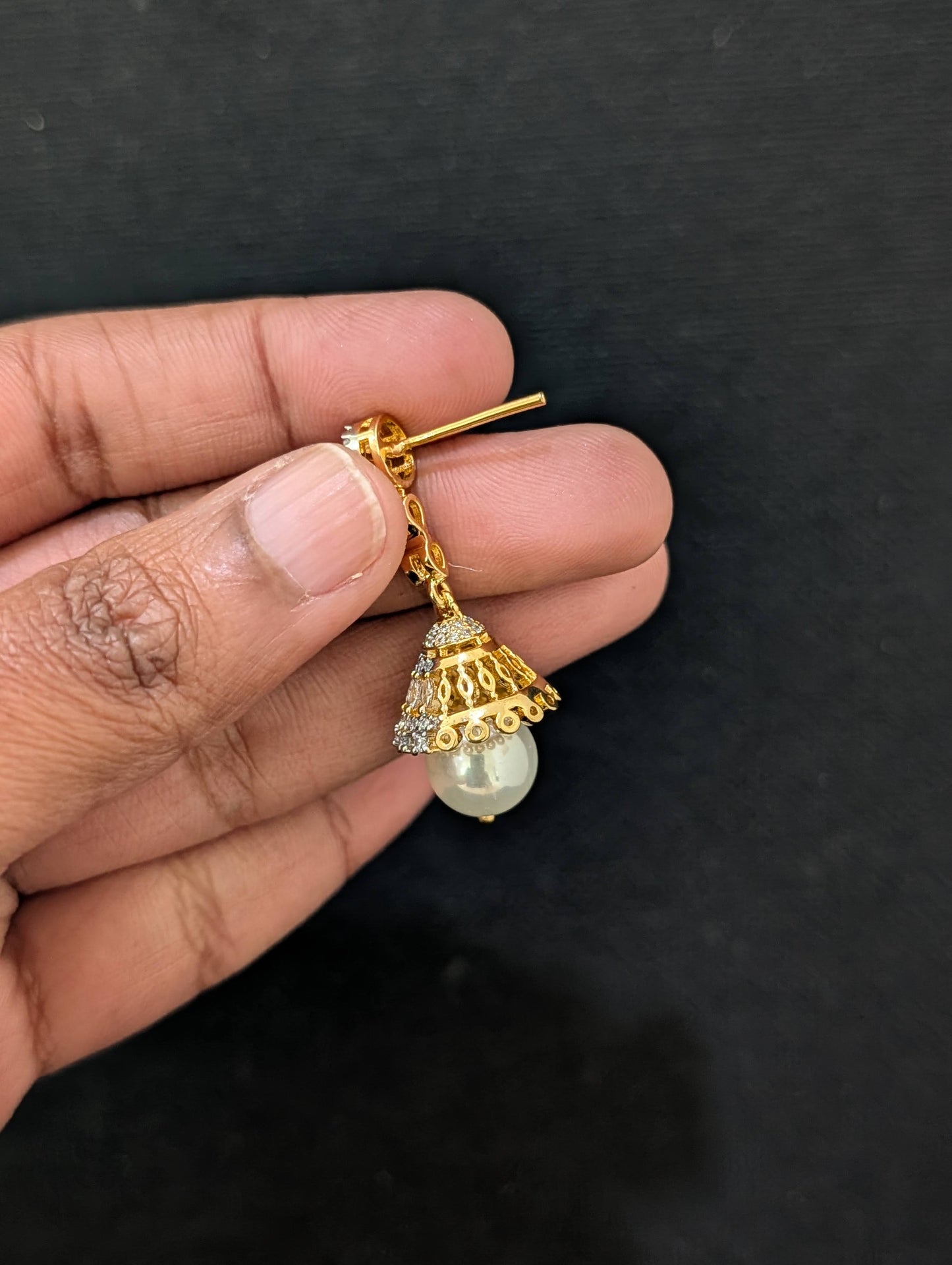 Round CZ dangle Jhumka Earrings - One gram gold plated