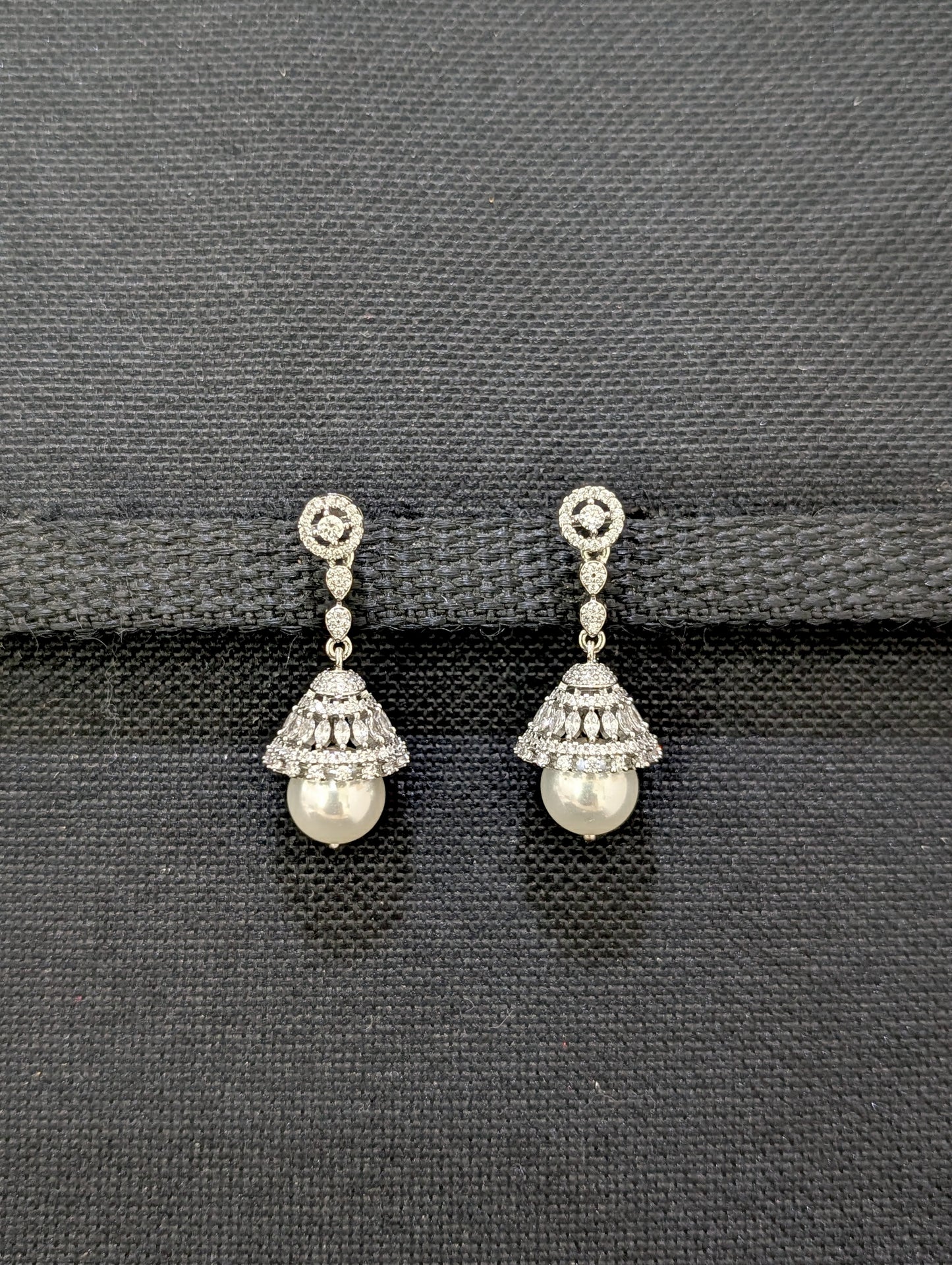 Round CZ dangle Jhumka Earrings - White gold plated