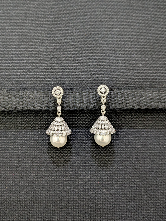 Round CZ dangle Jhumka Earrings - White gold plated - Simpliful