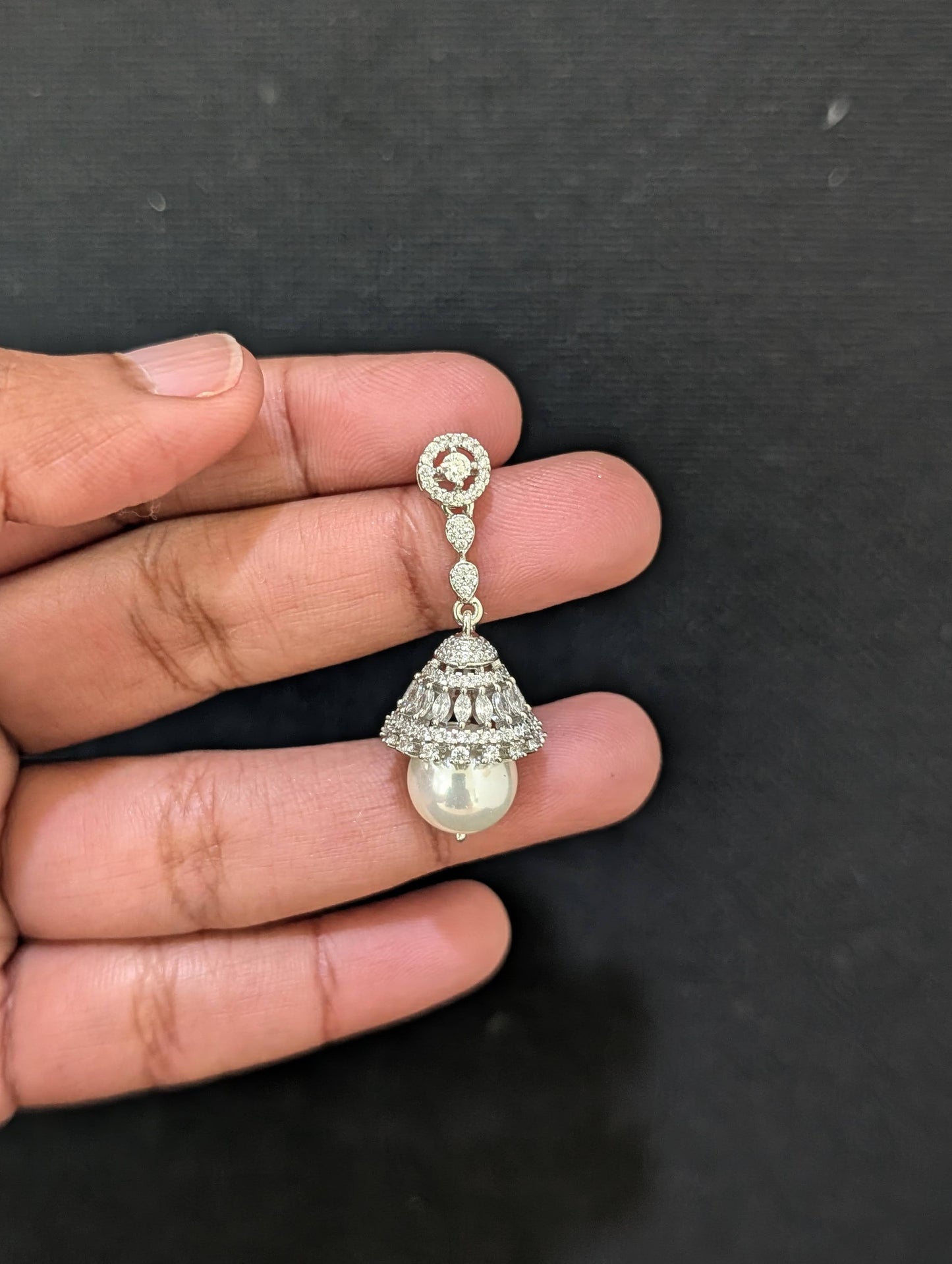 Round CZ dangle Jhumka Earrings - White gold plated