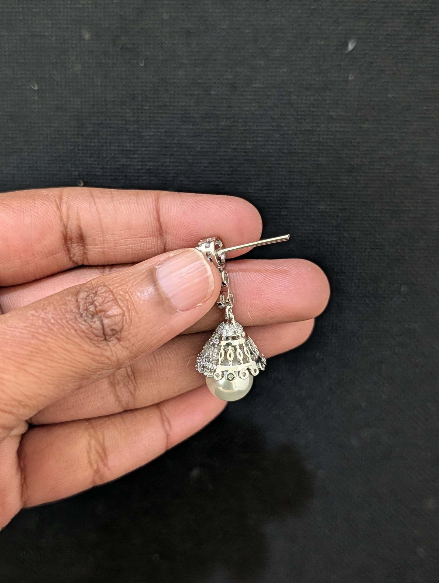 Round CZ dangle Jhumka Earrings - White gold plated