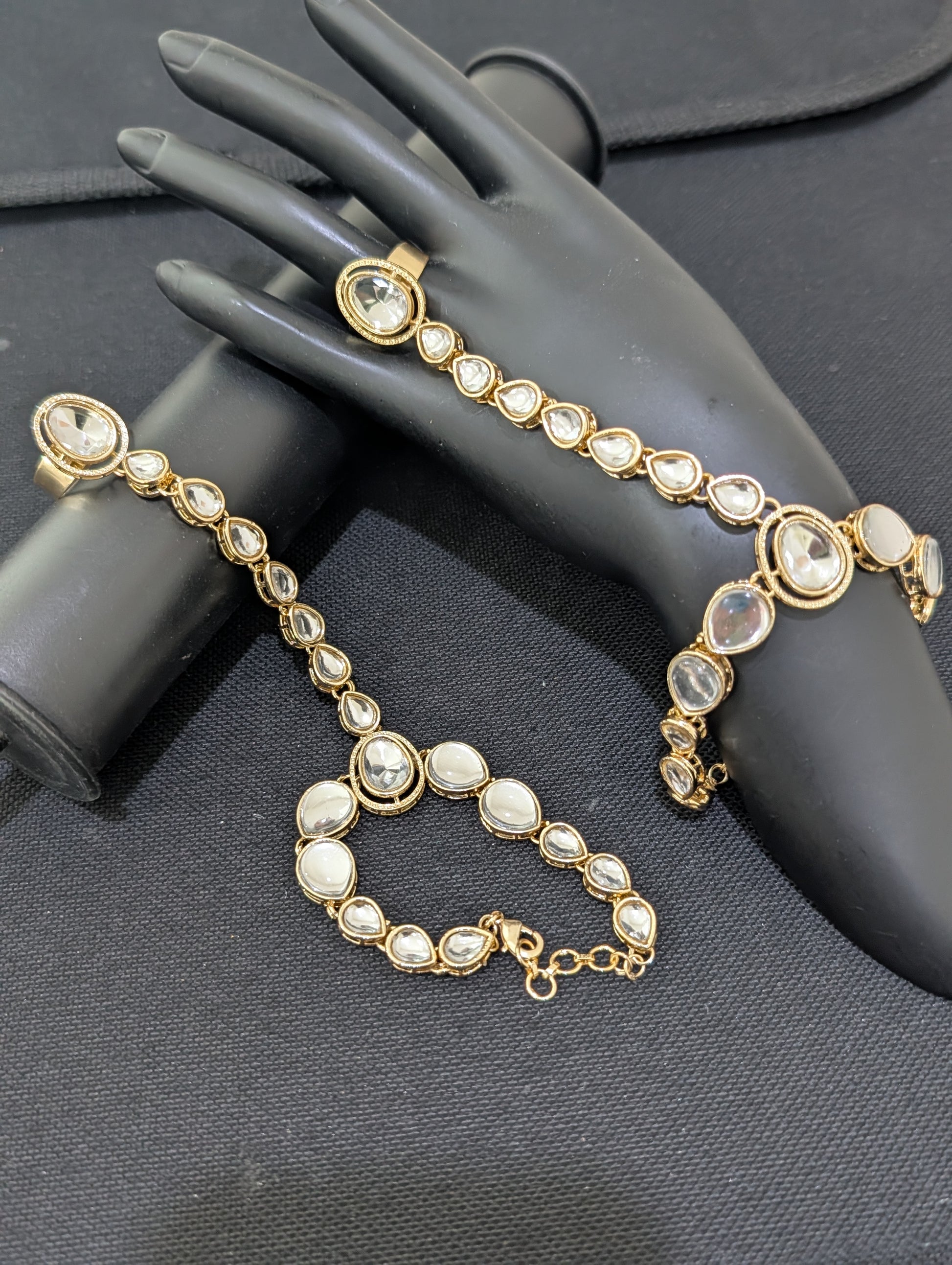 Light Gold plated Kundan Haath Phool / Bracelet Ring Combo / Ring Chain Bracelet - Simpliful