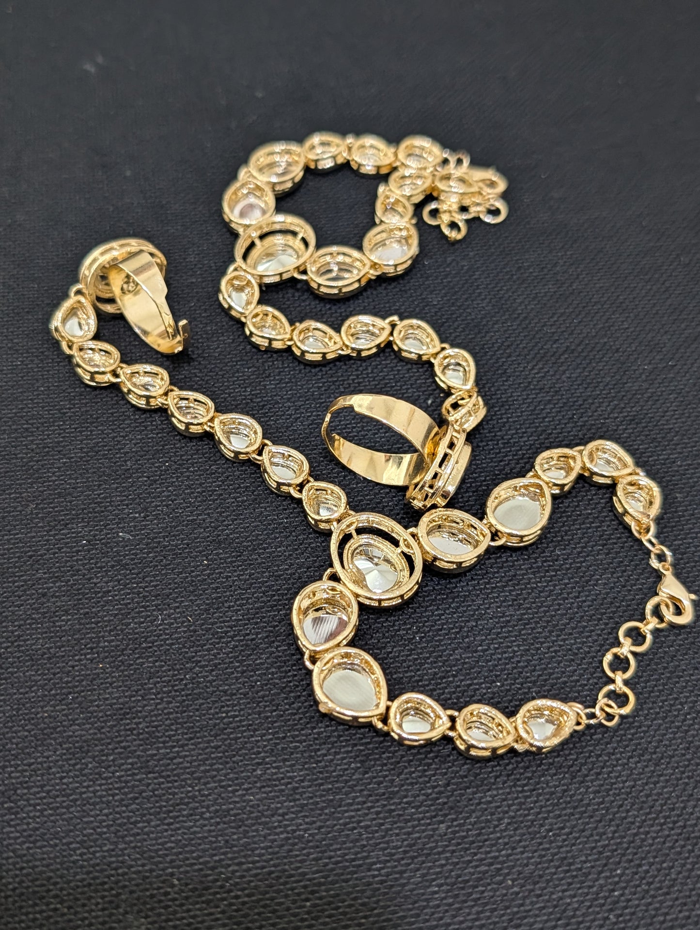 Light Gold plated Kundan Haath Phool / Bracelet Ring Combo / Ring Chain Bracelet - Simpliful