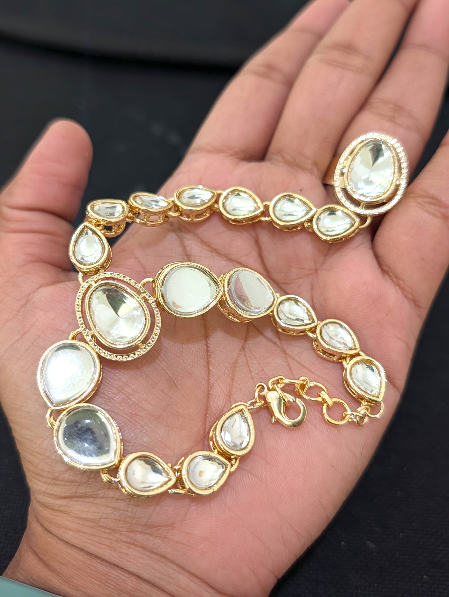 Light Gold plated Kundan Haath Phool / Bracelet Ring Combo / Ring Chain Bracelet - Simpliful