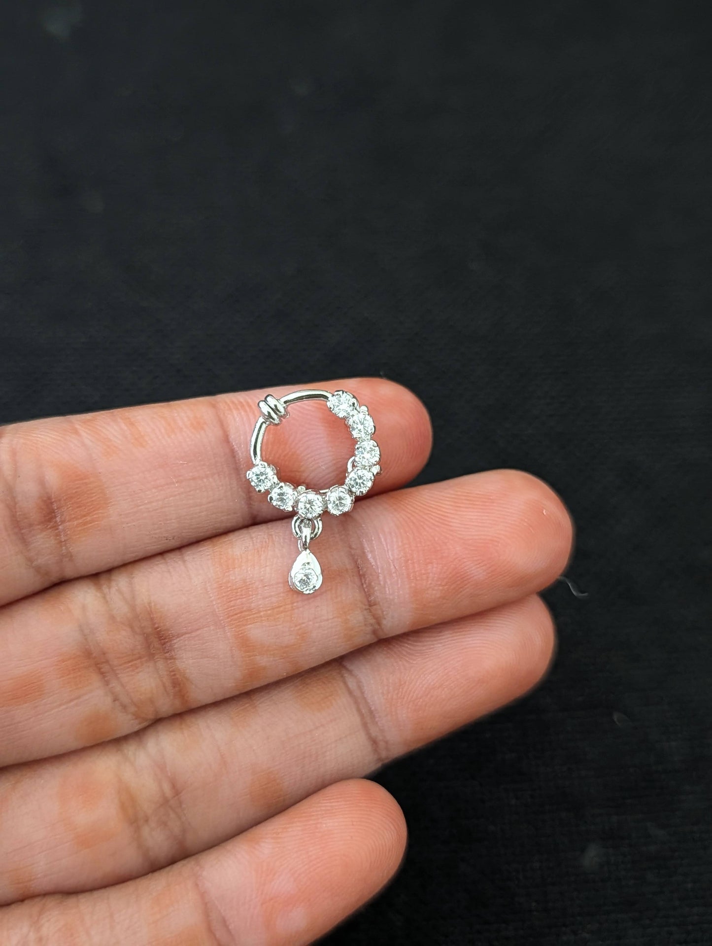 CZ stone white gold plated Clip on Nose ring - Small