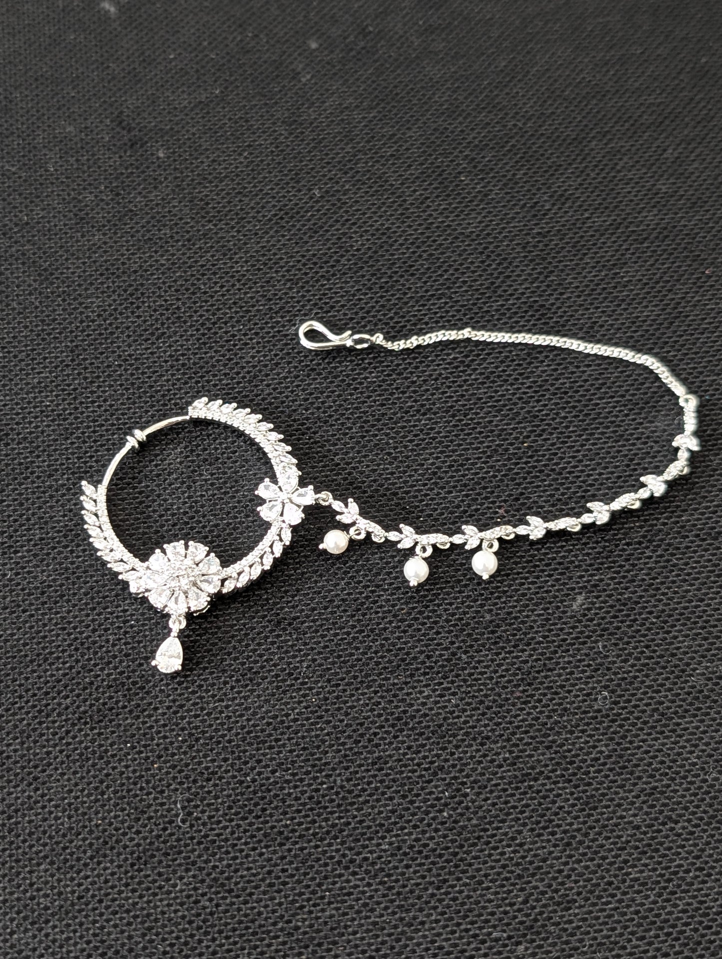 CZ stone Clip on Large Nose ring with chain