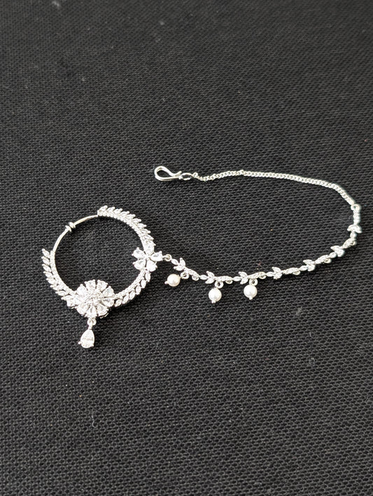 CZ stone Clip on Large Nose ring with chain