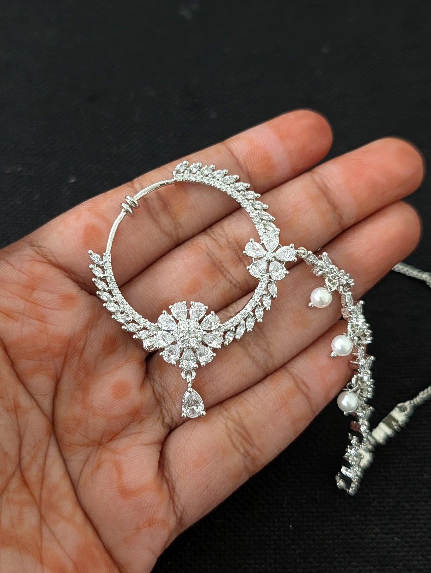 CZ stone Clip on Large Nose ring with chain