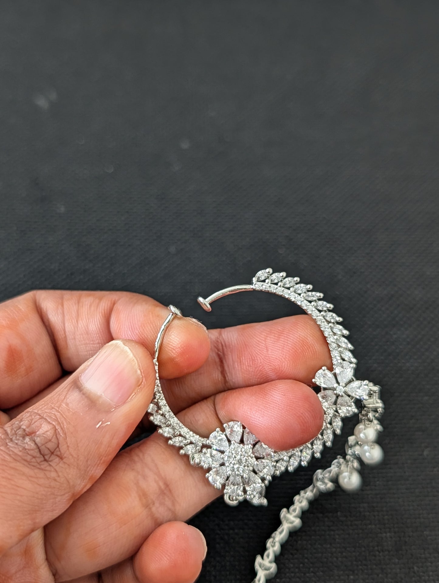 CZ stone Clip on Large Nose ring with chain