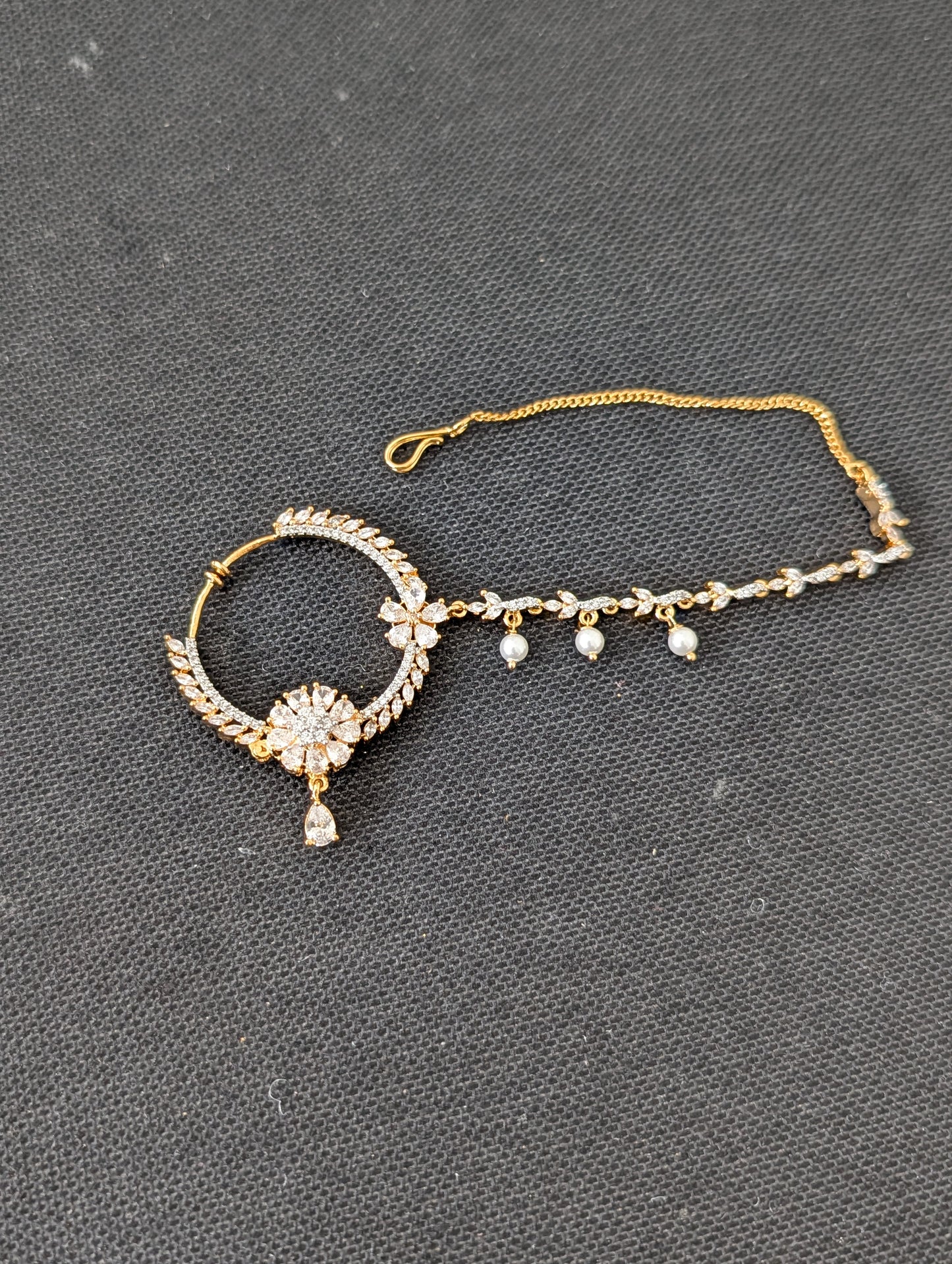 CZ stone Clip on Large Nose ring with chain