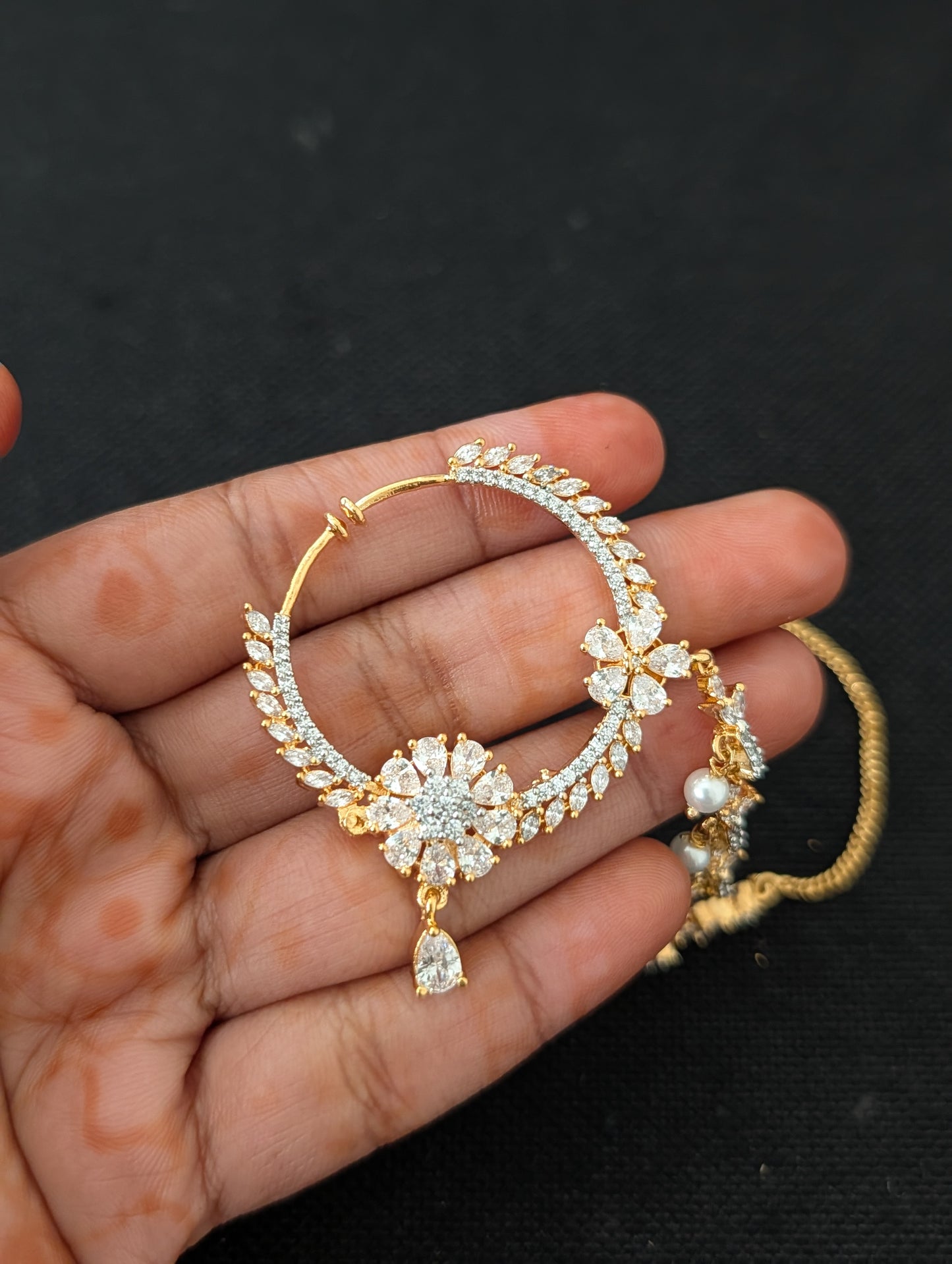 CZ stone Clip on Large Nose ring with chain