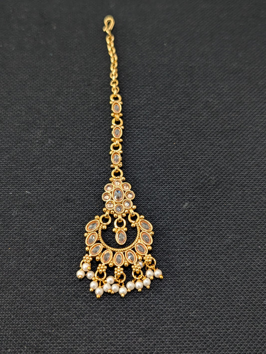 Chandbali design Polki Pearl dangle Maang Tikka - Design 1