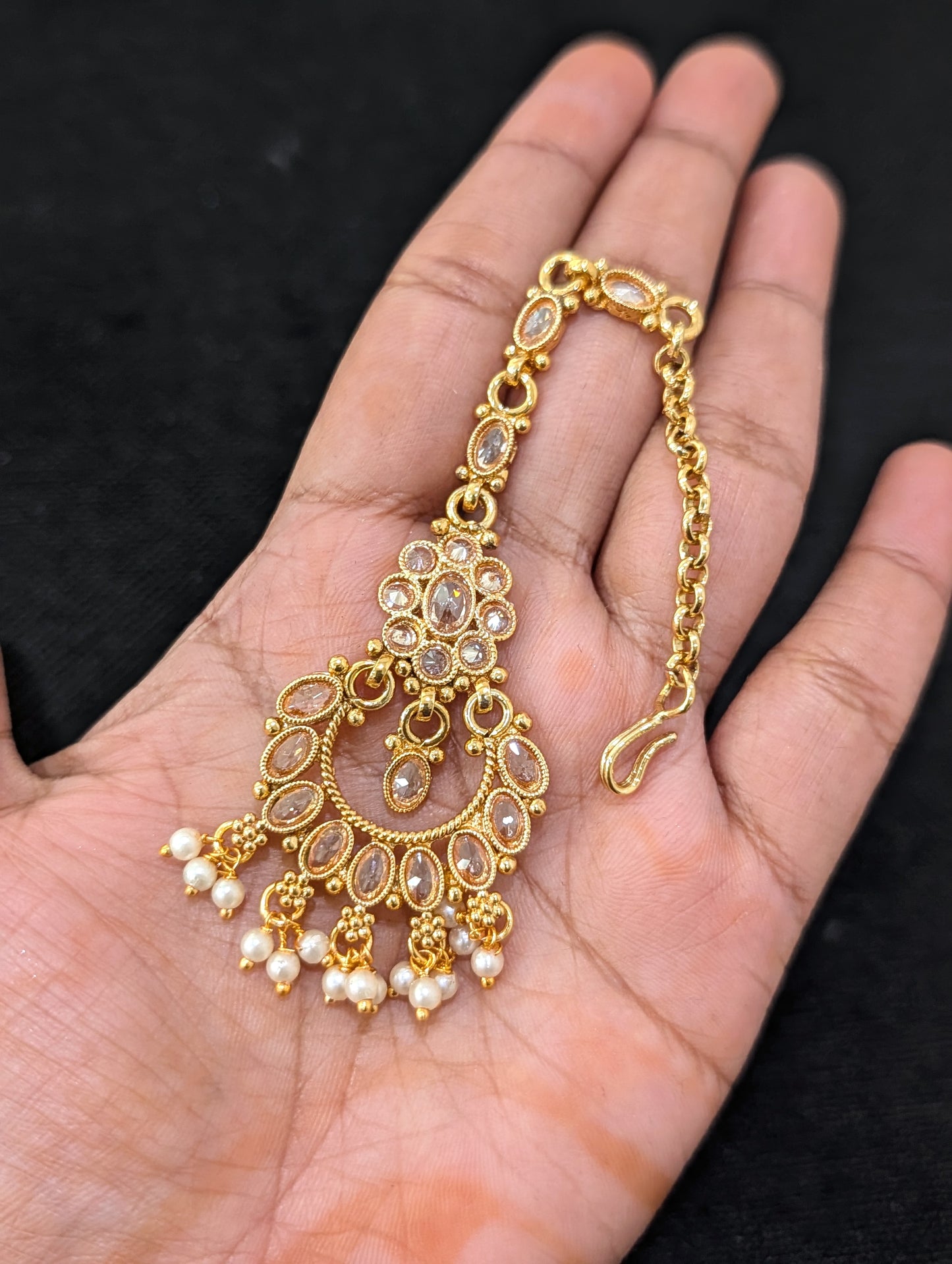 Chandbali design Polki Pearl dangle Maang Tikka - Design 1