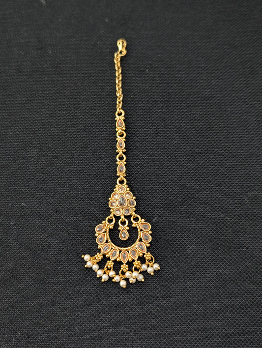 Chandbali design Polki Pearl dangle Maang Tikka - Design 2
