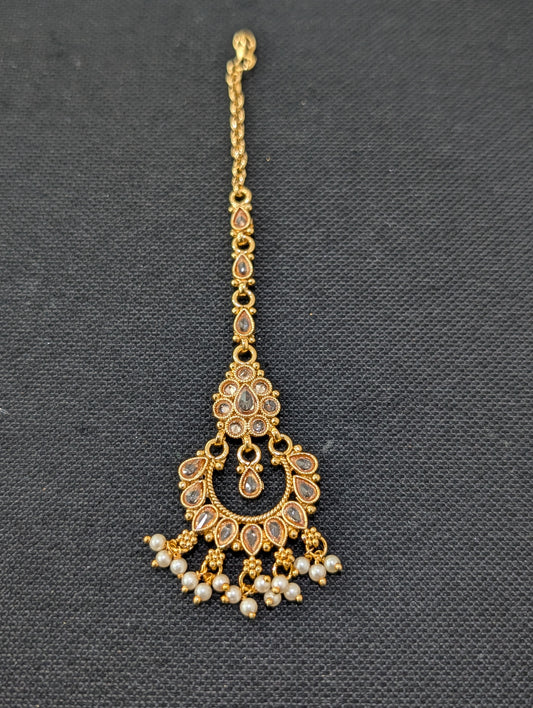 Chandbali design Polki Pearl dangle Maang Tikka - Design 2