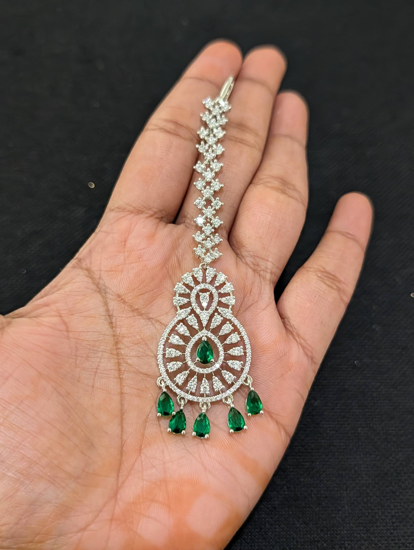 White gold Chandbali CZ Large Tikka