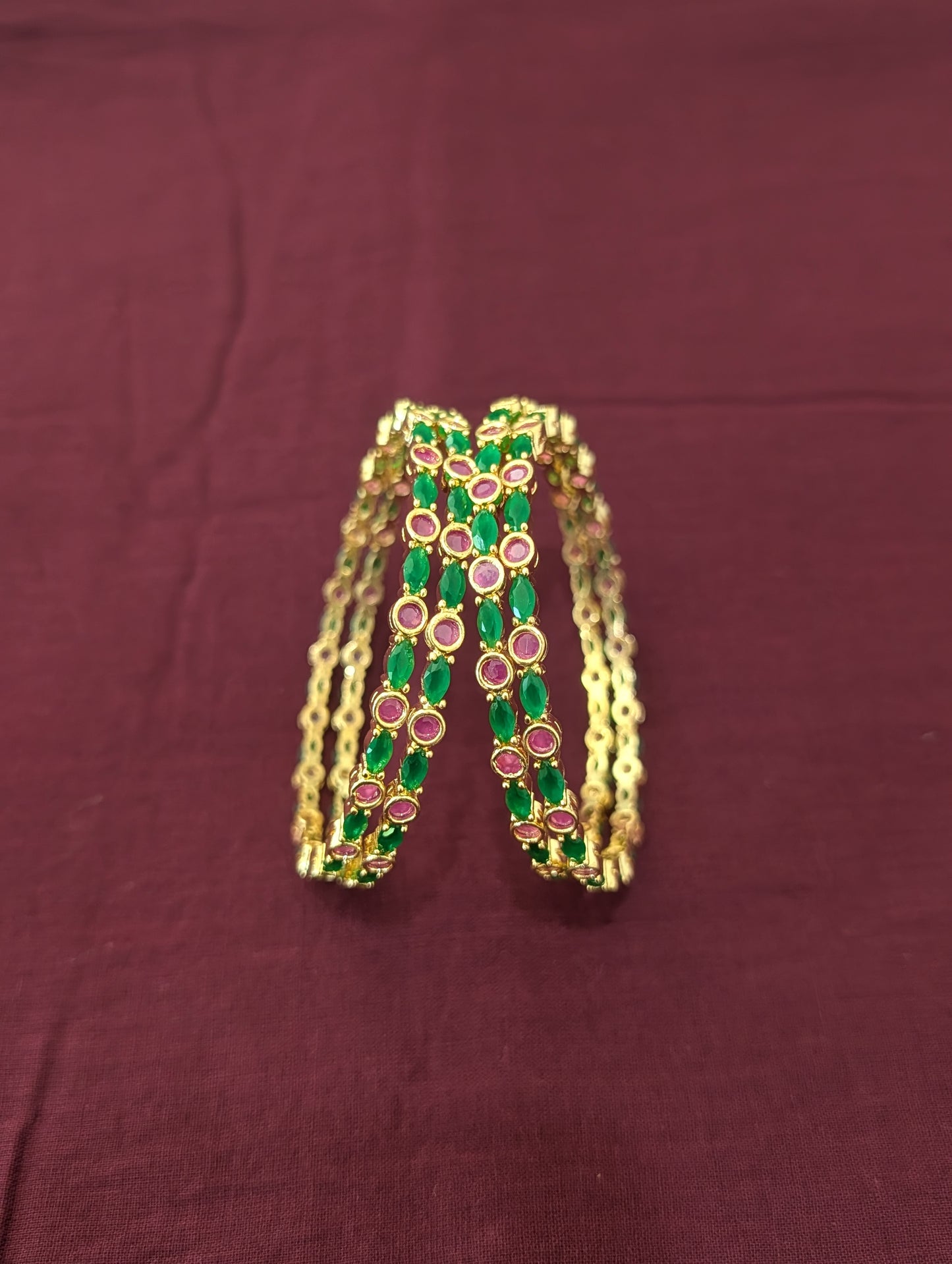 Ruby Green CZ one gram gold polished bangles - Set of 4