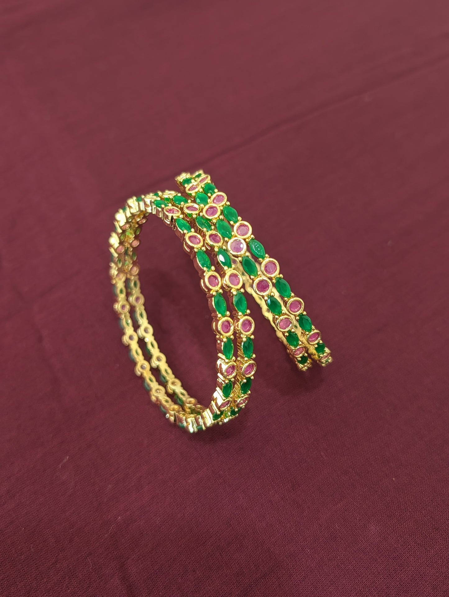 Ruby Green CZ one gram gold polished bangles - Set of 4