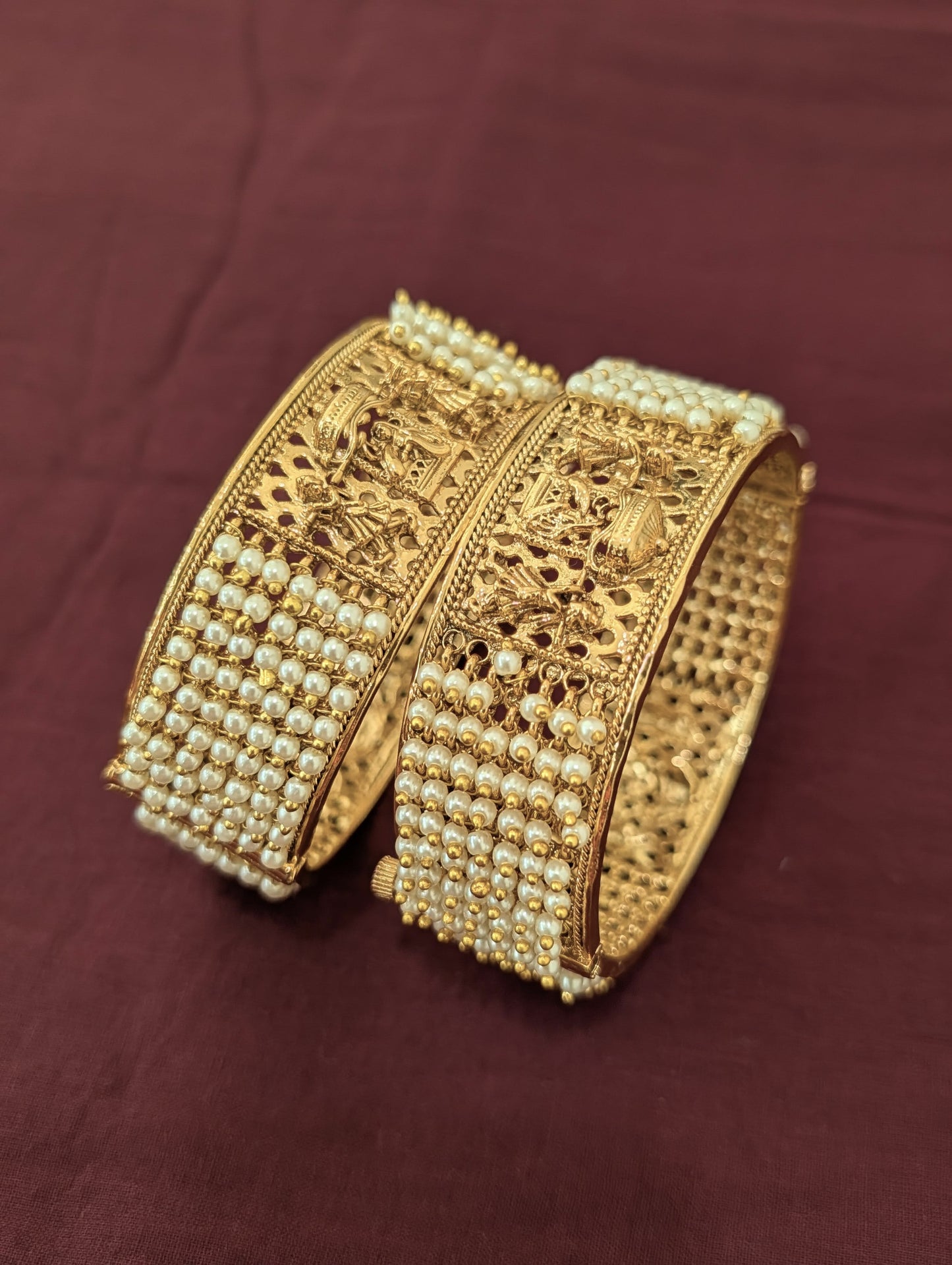 Indian Bharat theme Pearl Gold plated openable bangles