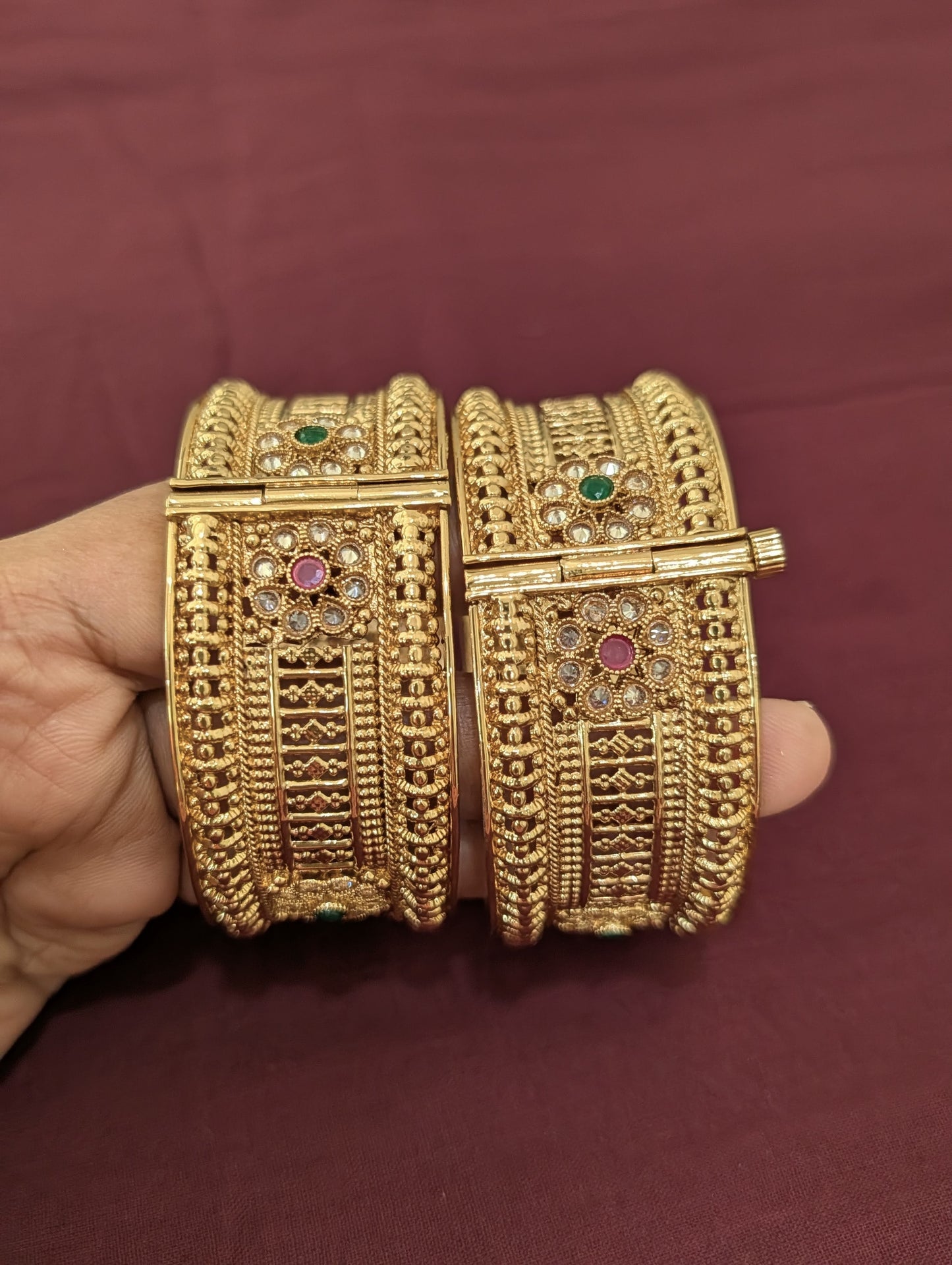 Flower Design Polki Gold plated openable bangles